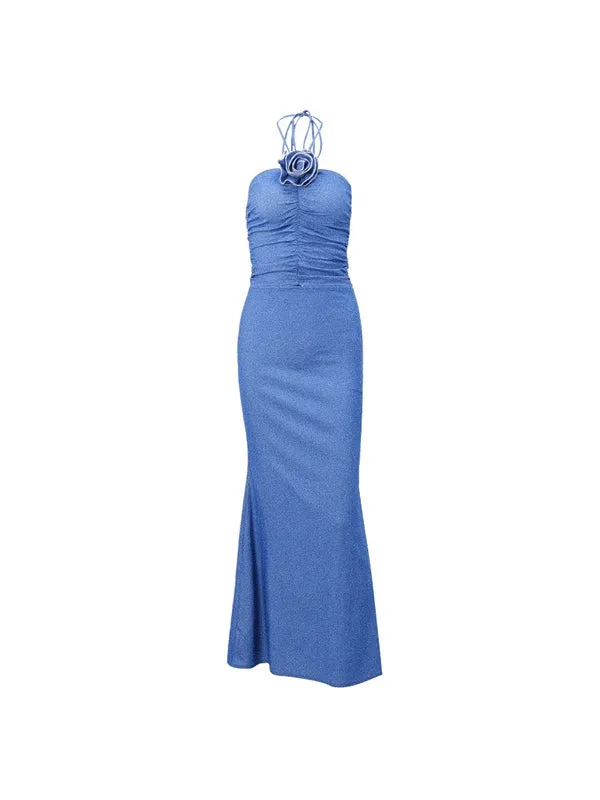 Flower Choker Detail Trendy Strapless Mesh Maxi Dress