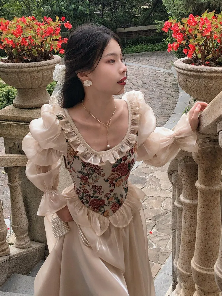 Getadme French Vintage Print Floral Dress Women O-neck Elegant Evening Party Midi Dress Female Puff Sleeve Korea Fairy Dress Summer