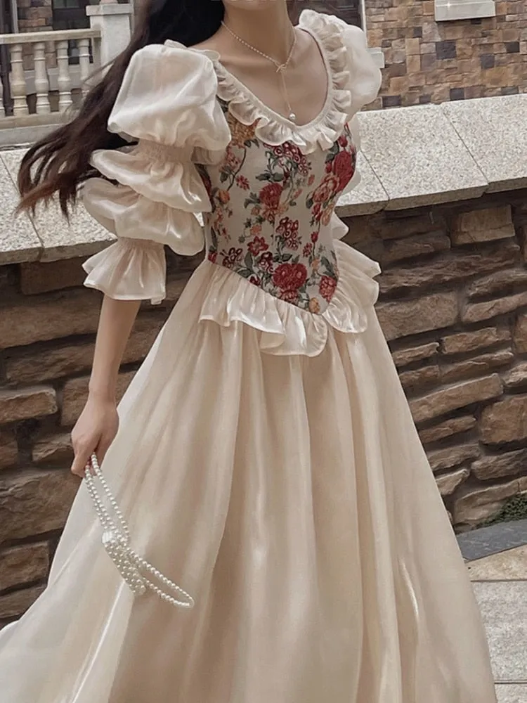 Getadme French Vintage Print Floral Dress Women O-neck Elegant Evening Party Midi Dress Female Puff Sleeve Korea Fairy Dress Summer