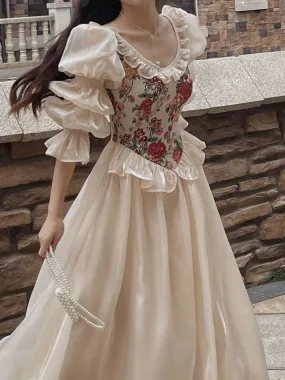 Getadme French Vintage Print Floral Dress Women O-neck Elegant Evening Party Midi Dress Female Puff Sleeve Korea Fairy Dress Summer