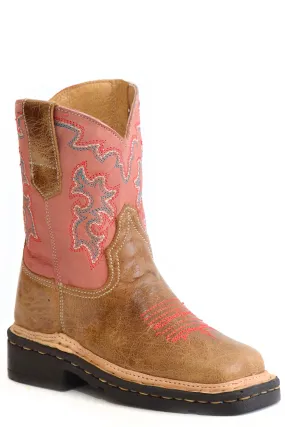 Girls Roper Marbled Tan Square Toe Toddler Boot w/ Embroidered Pink Shaft