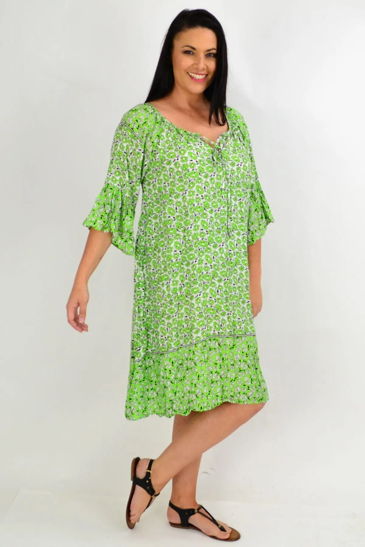 Green Daisy Crinkle Tie Tunic Dress