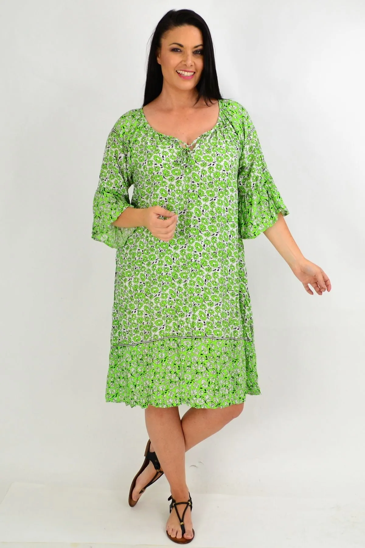 Green Daisy Crinkle Tie Tunic Dress