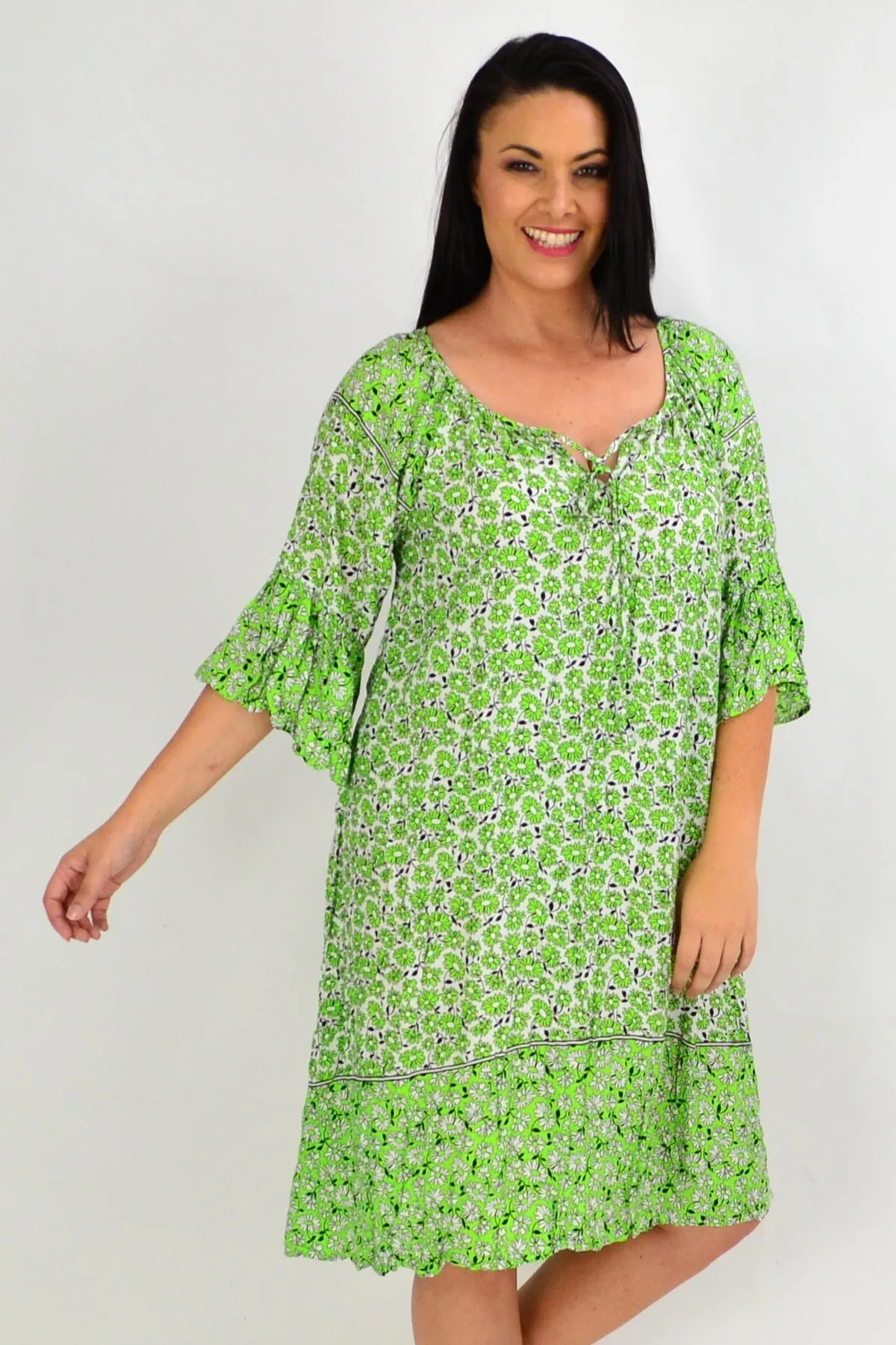 Green Daisy Crinkle Tie Tunic Dress