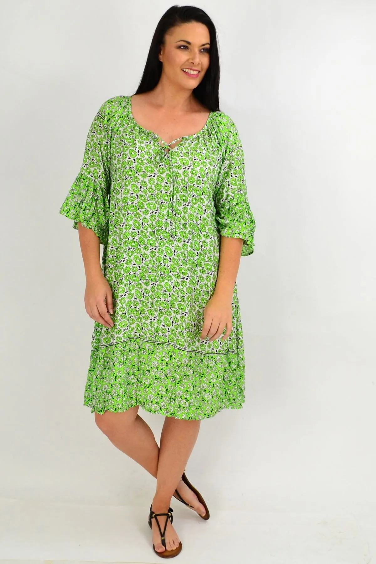 Green Daisy Crinkle Tie Tunic Dress