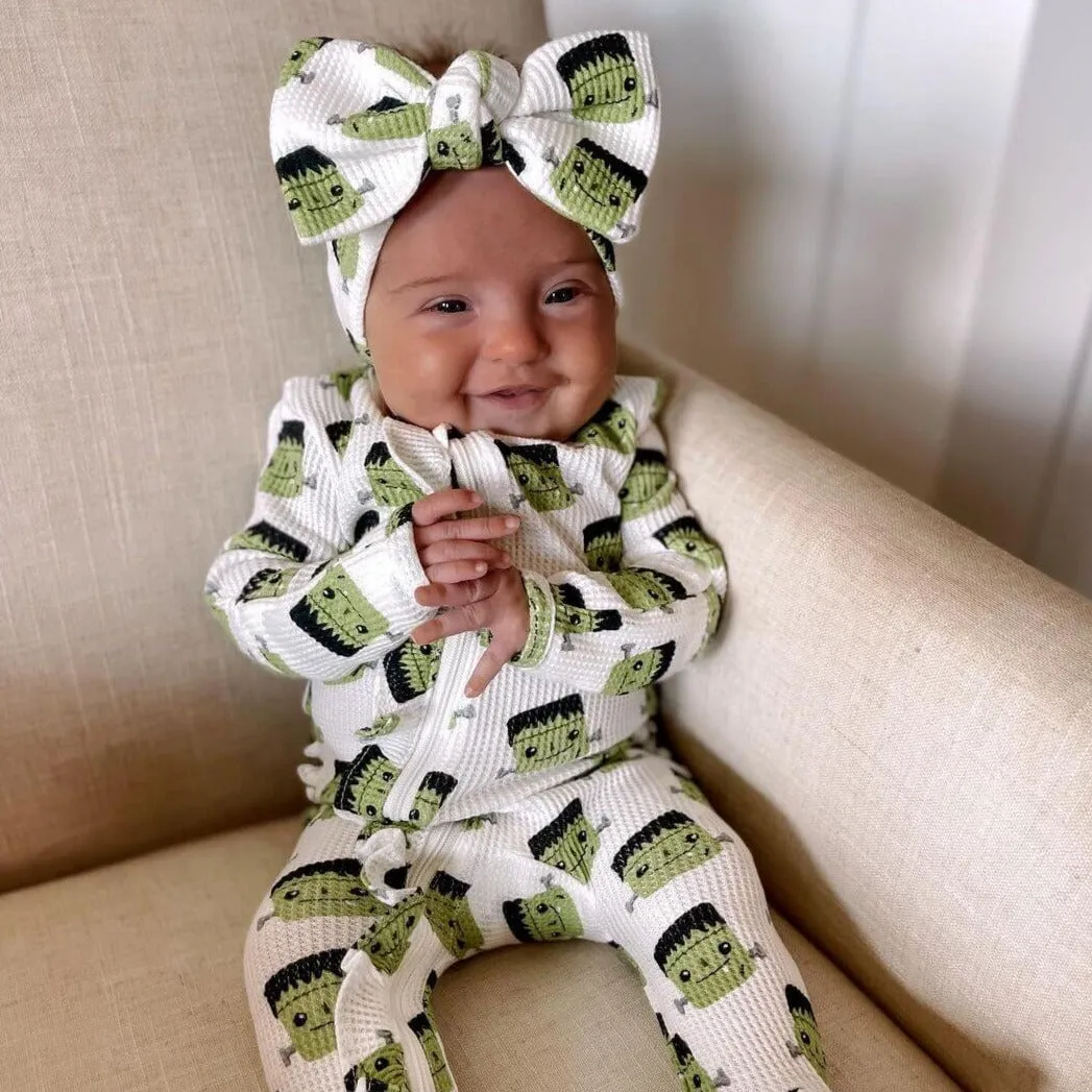 Halloween Monster Organic Waffle Ruffle Zip Footie