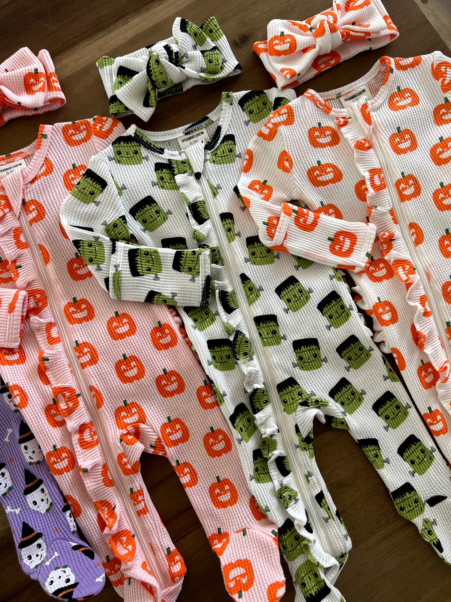 Halloween Monster Organic Waffle Ruffle Zip Footie