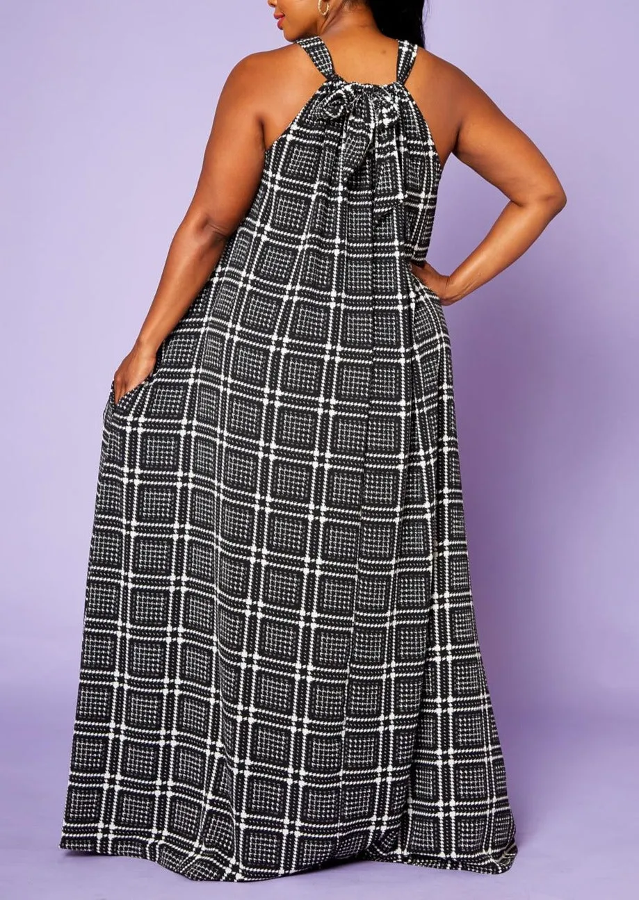 Hi Curvy Plus Size Black Square Flare Maxi Dress with Pockets