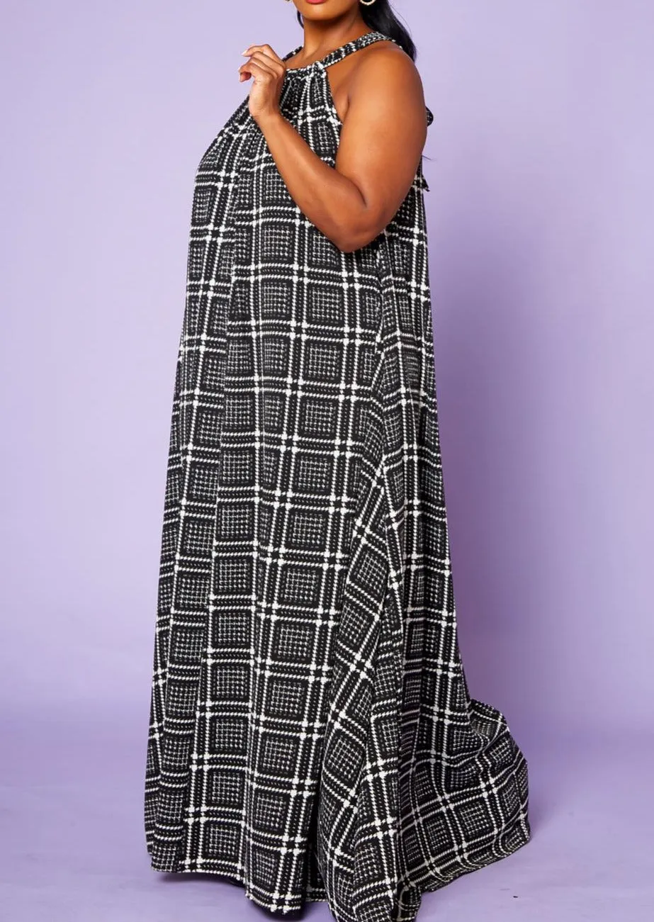 Hi Curvy Plus Size Black Square Flare Maxi Dress with Pockets