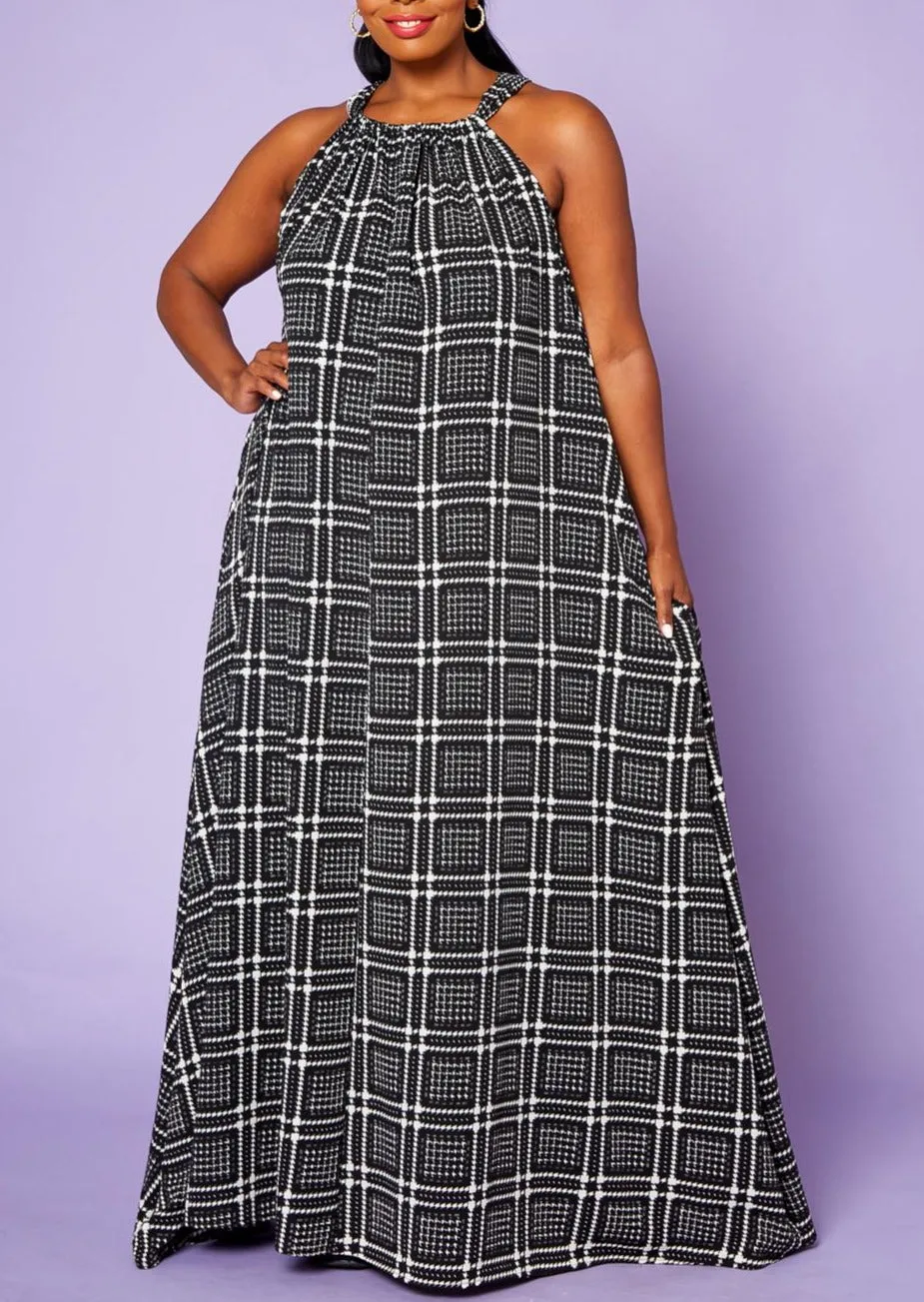 Hi Curvy Plus Size Black Square Flare Maxi Dress with Pockets