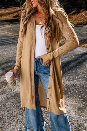Light French Beige Ribbed Button-Up Split Duster Cardigan