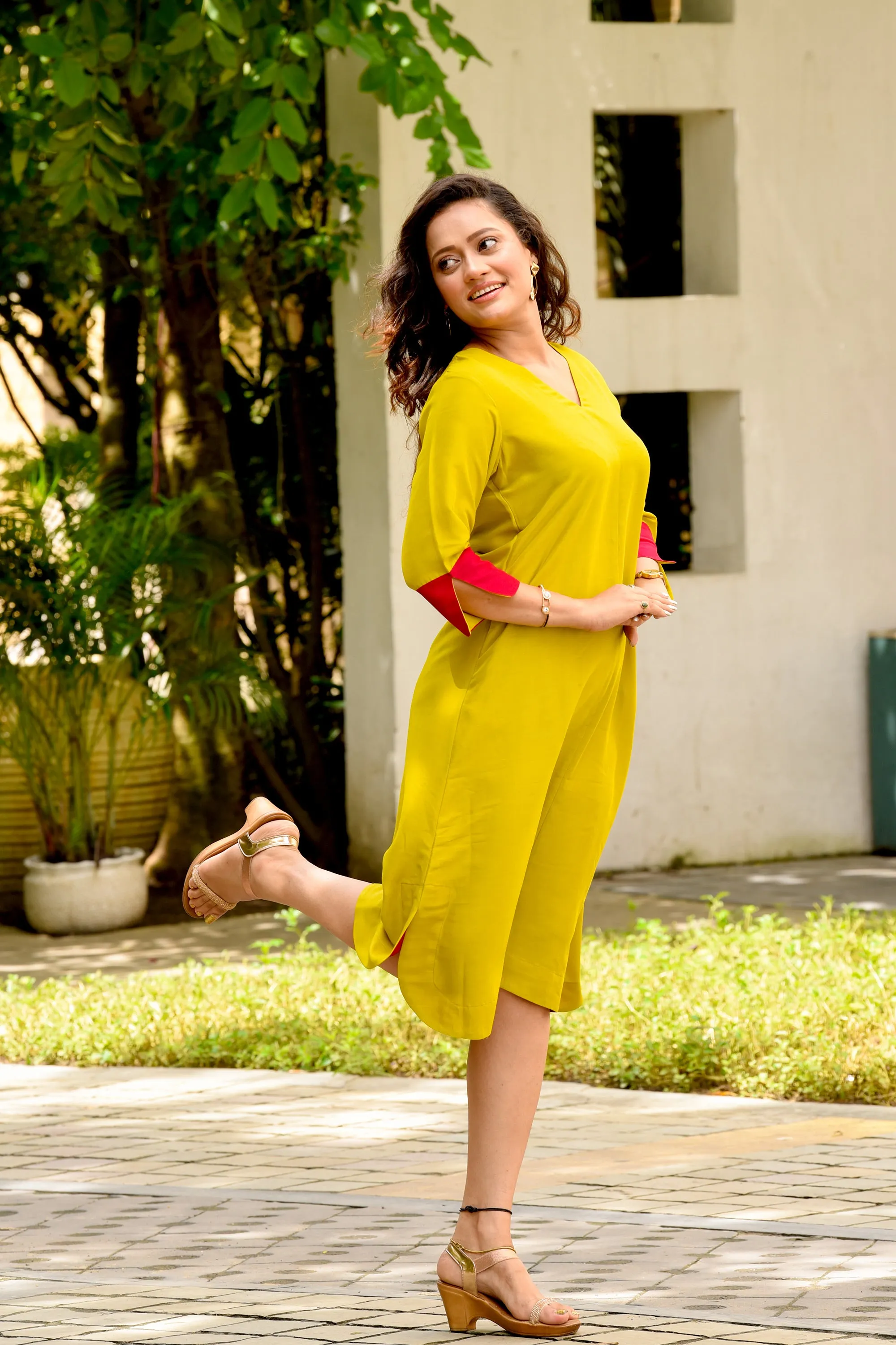 Lime A-Line Round Cut Dress