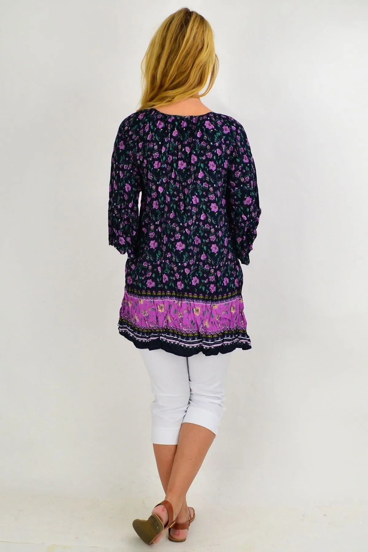 Navy African Violet Crinkle Tie Tunic Top