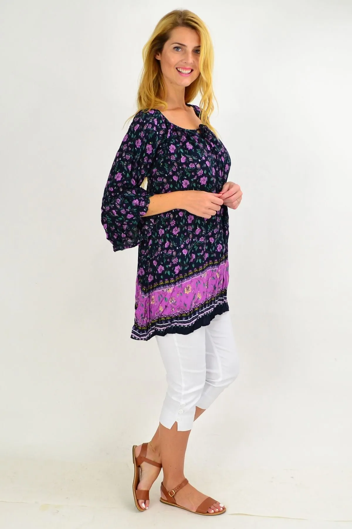 Navy African Violet Crinkle Tie Tunic Top