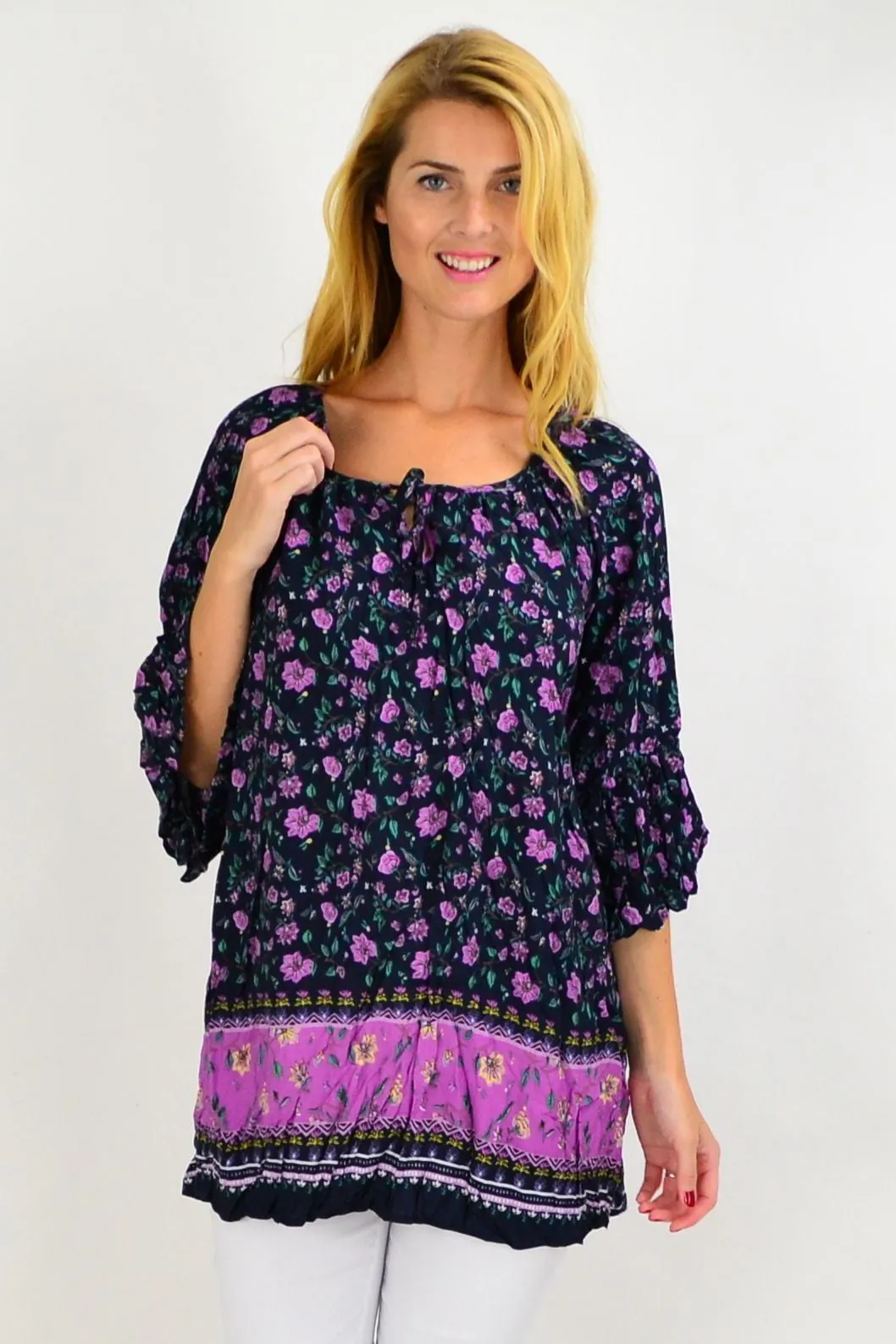Navy African Violet Crinkle Tie Tunic Top