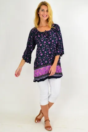 Navy African Violet Crinkle Tie Tunic Top