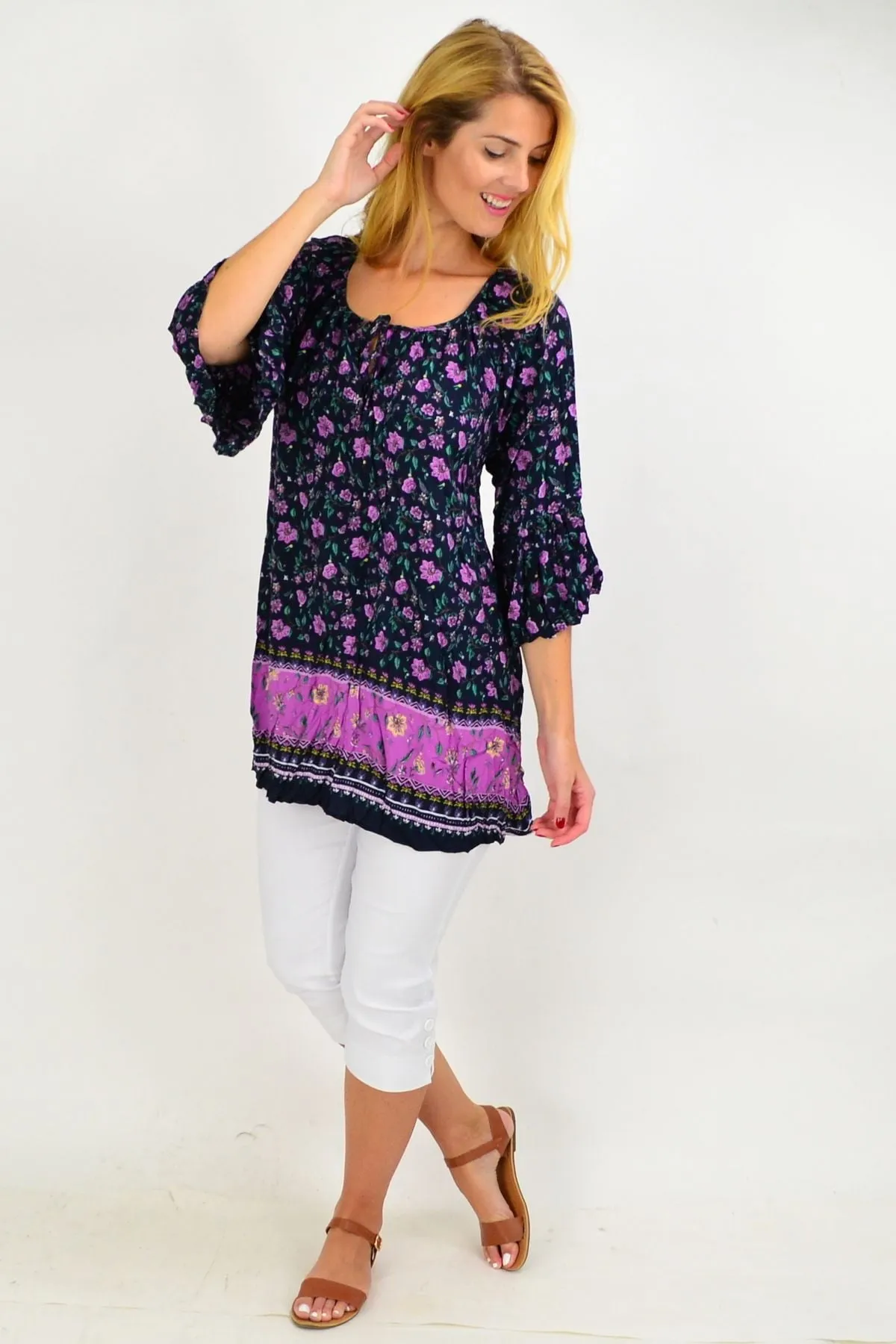 Navy African Violet Crinkle Tie Tunic Top