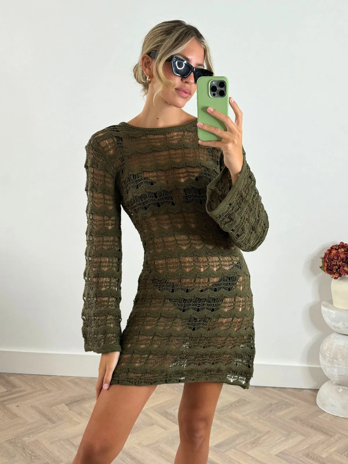 NEW FIT Ocean Long Sleeve Lace Back Mini dress / Khaki