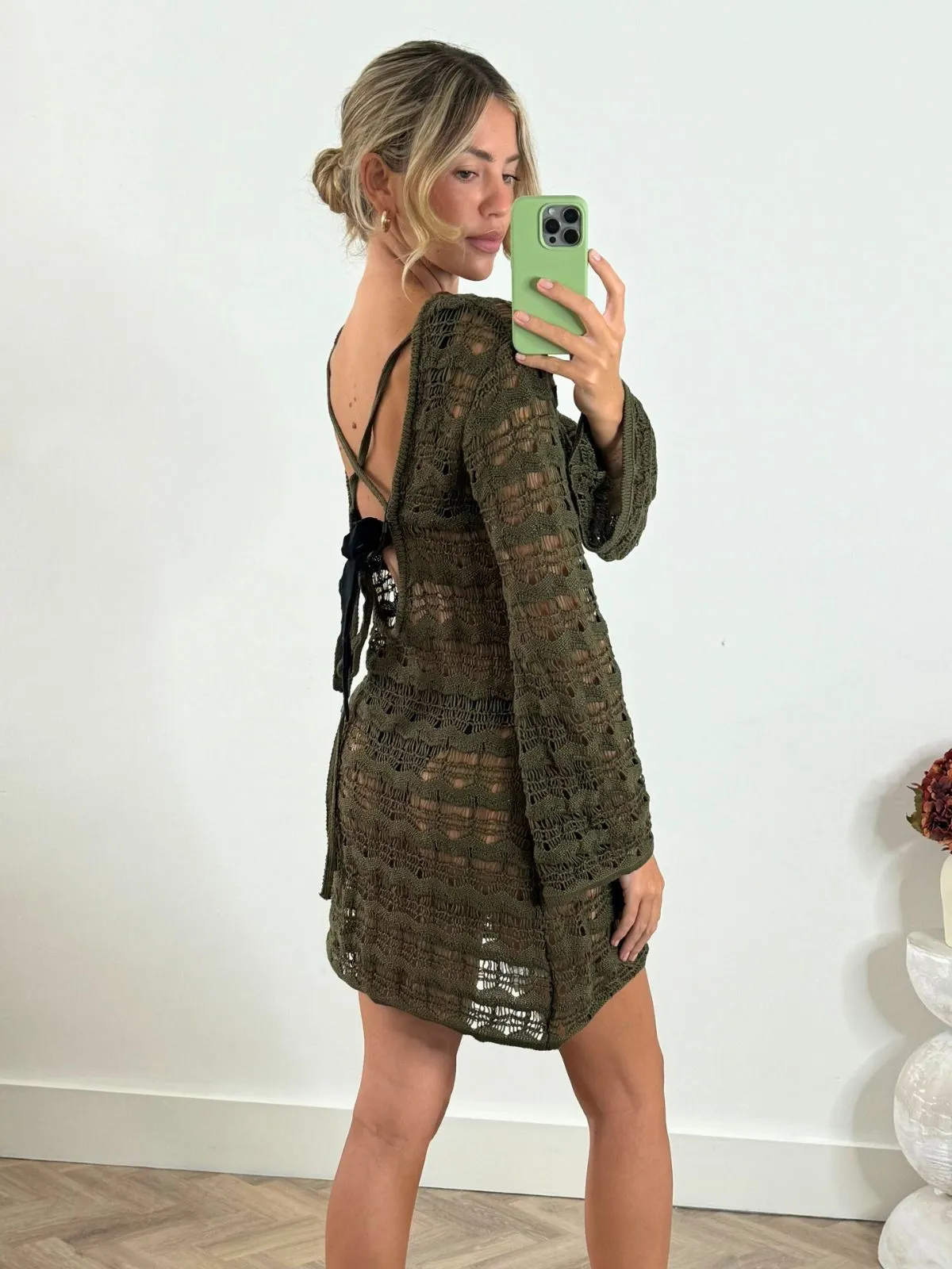 NEW FIT Ocean Long Sleeve Lace Back Mini dress / Khaki