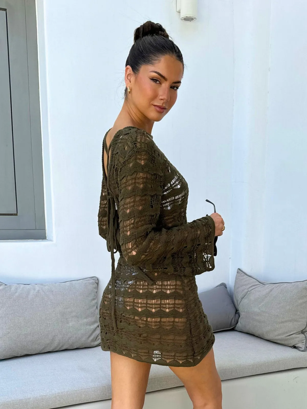 NEW FIT Ocean Long Sleeve Lace Back Mini dress / Khaki