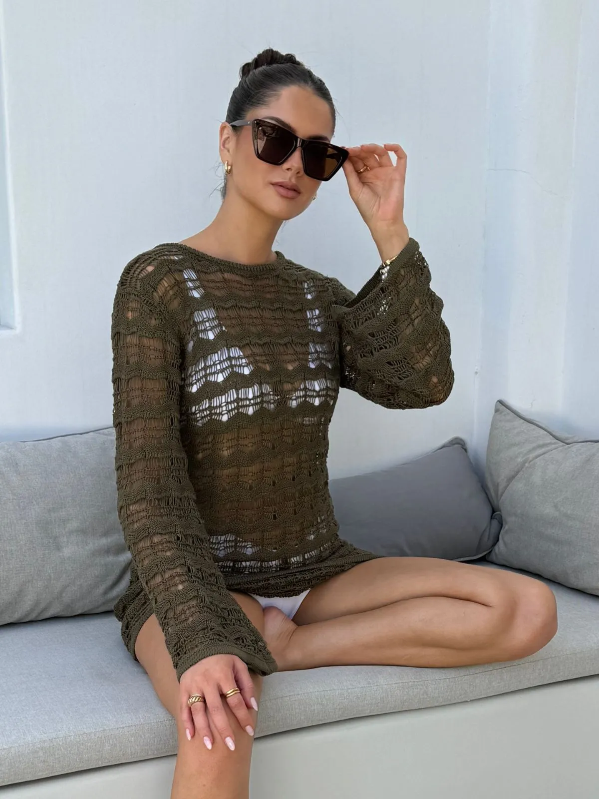 NEW FIT Ocean Long Sleeve Lace Back Mini dress / Khaki
