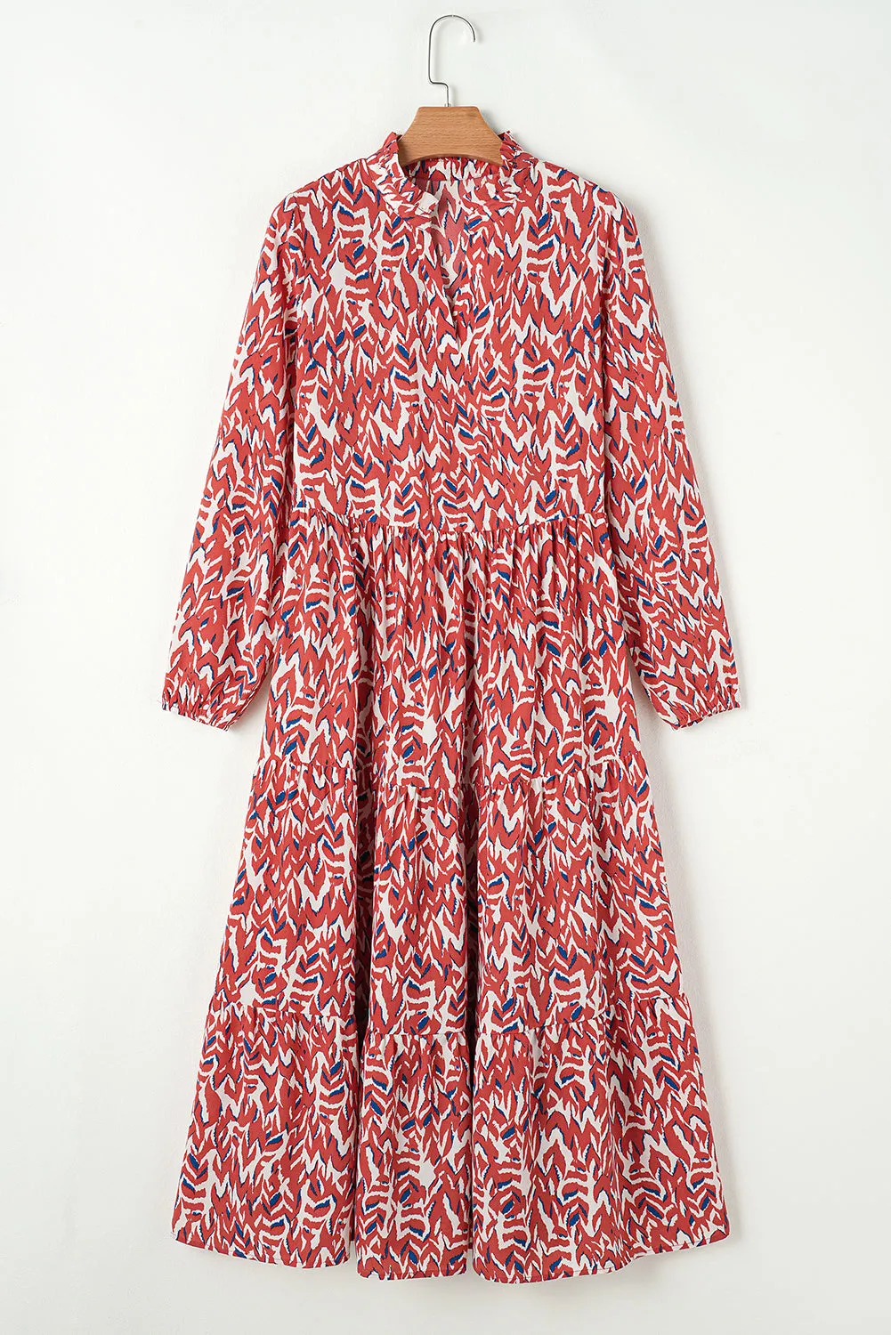 Orange Abstract Print V Neck Pleated High Waist Midi Dress