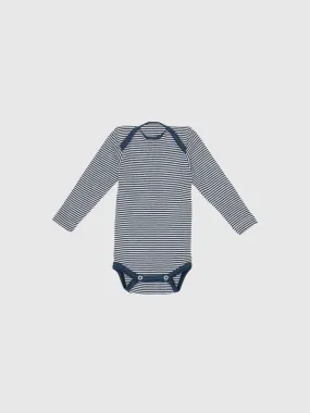 organic merino wool and silk long-sleeved onesie in navy/natural stripe - baby/toddler