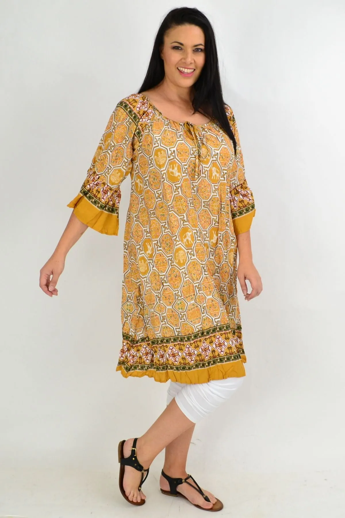 Oriental Mustard Crinkle Tie Tunic Dress