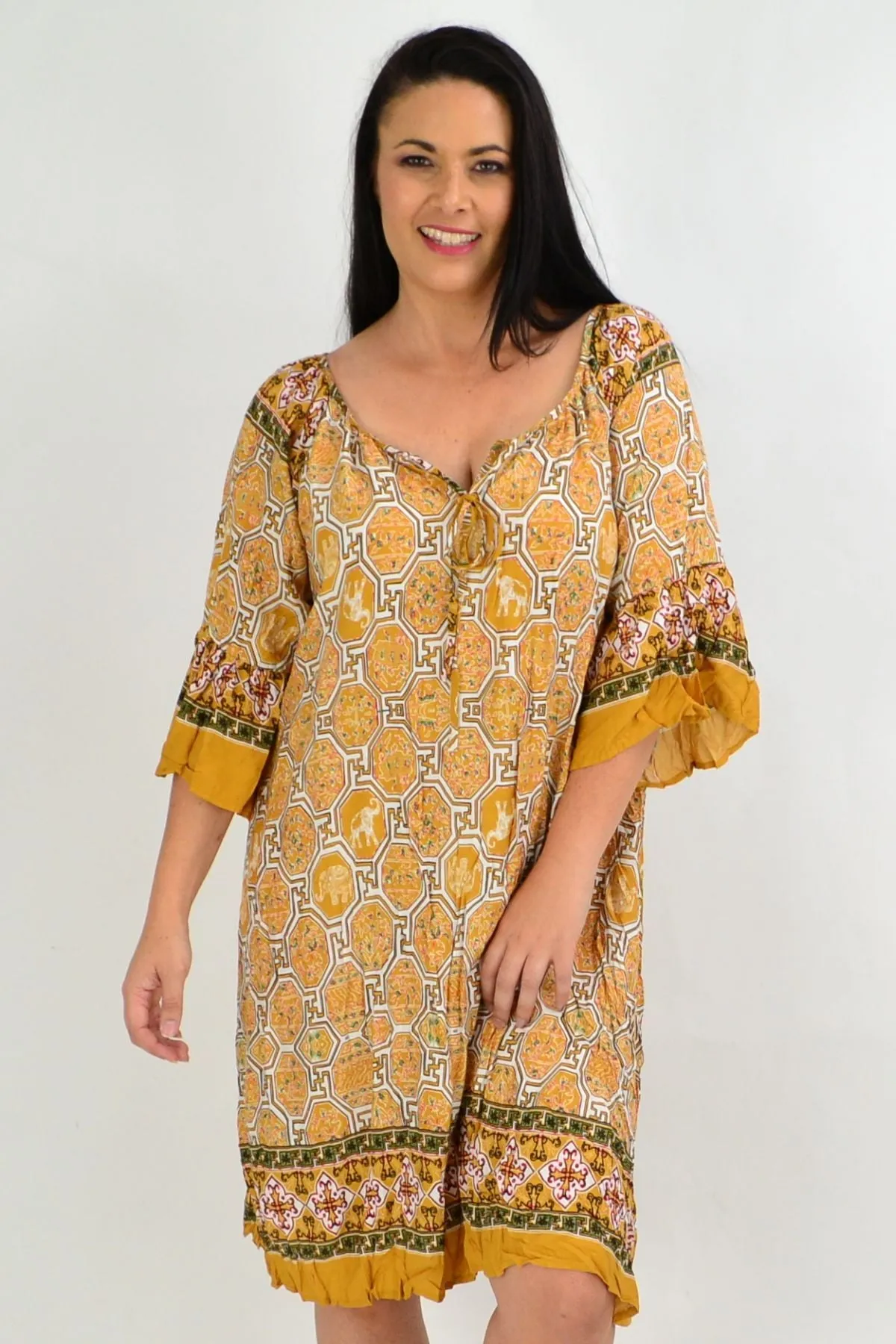 Oriental Mustard Crinkle Tie Tunic Dress