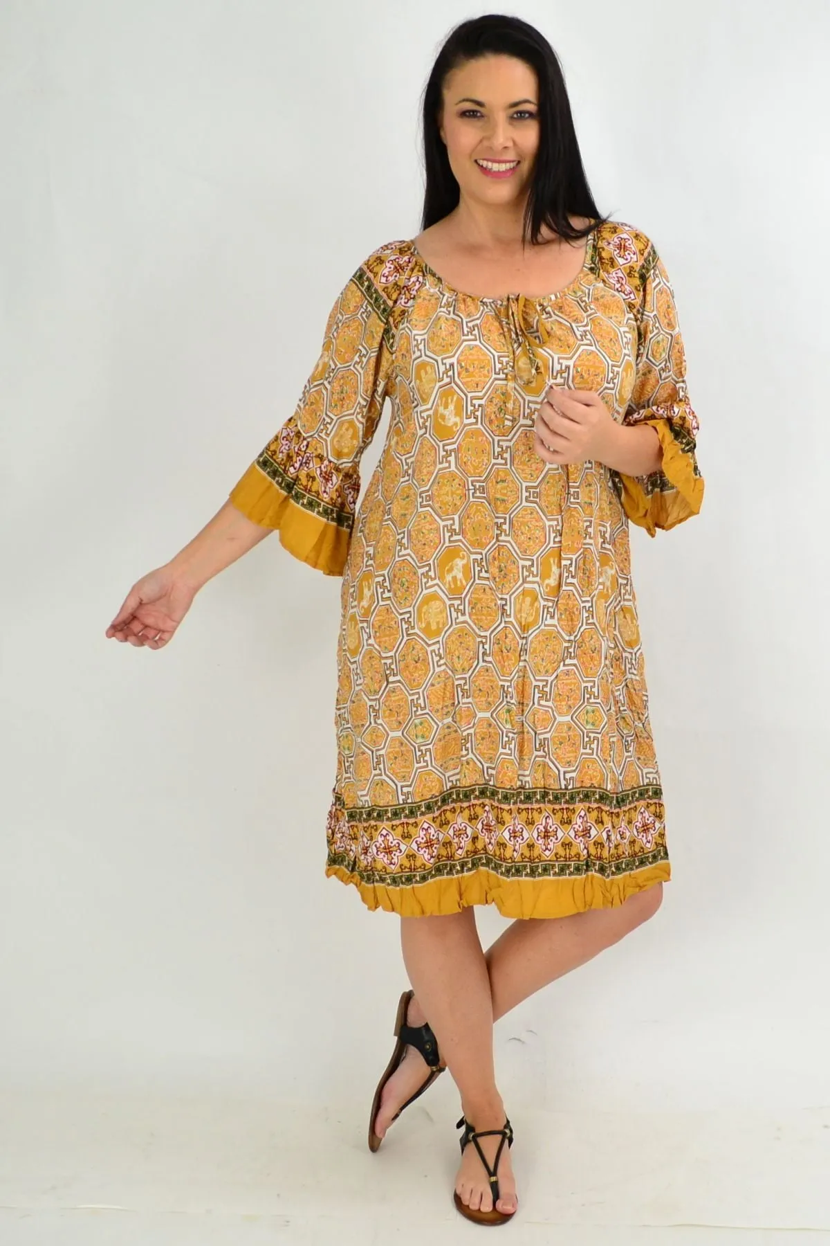Oriental Mustard Crinkle Tie Tunic Dress