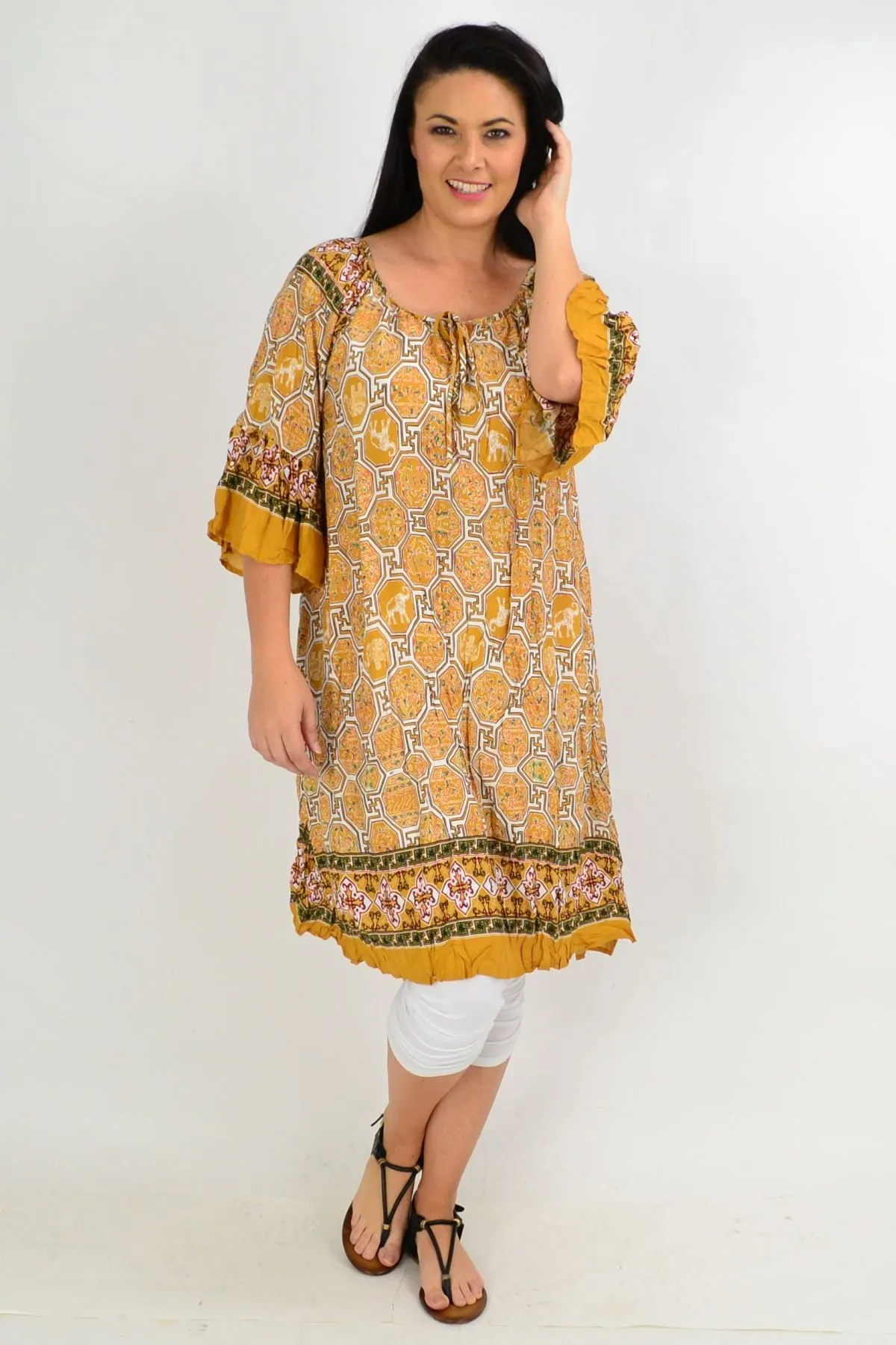 Oriental Mustard Crinkle Tie Tunic Dress