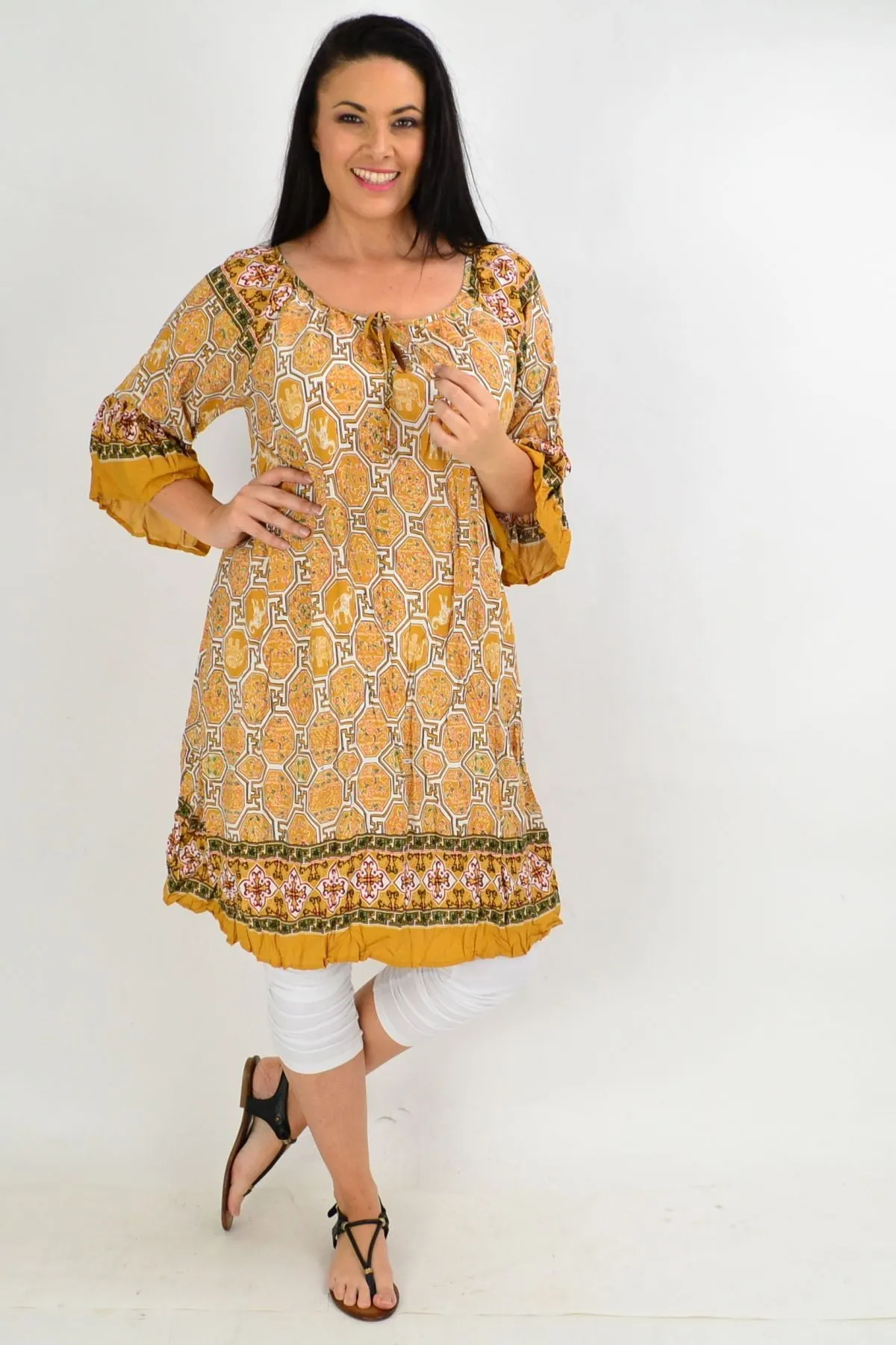 Oriental Mustard Crinkle Tie Tunic Dress