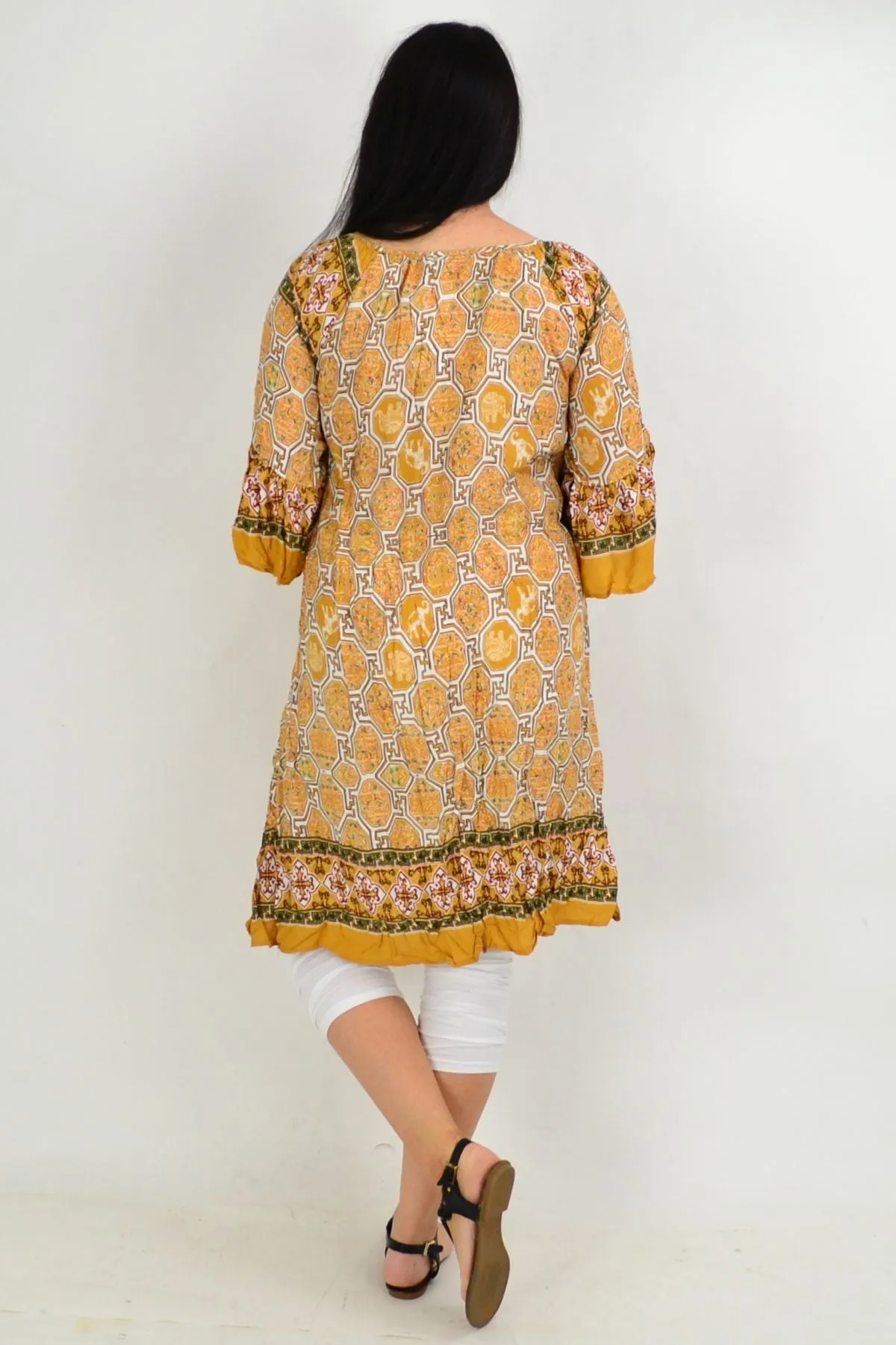 Oriental Mustard Crinkle Tie Tunic Dress