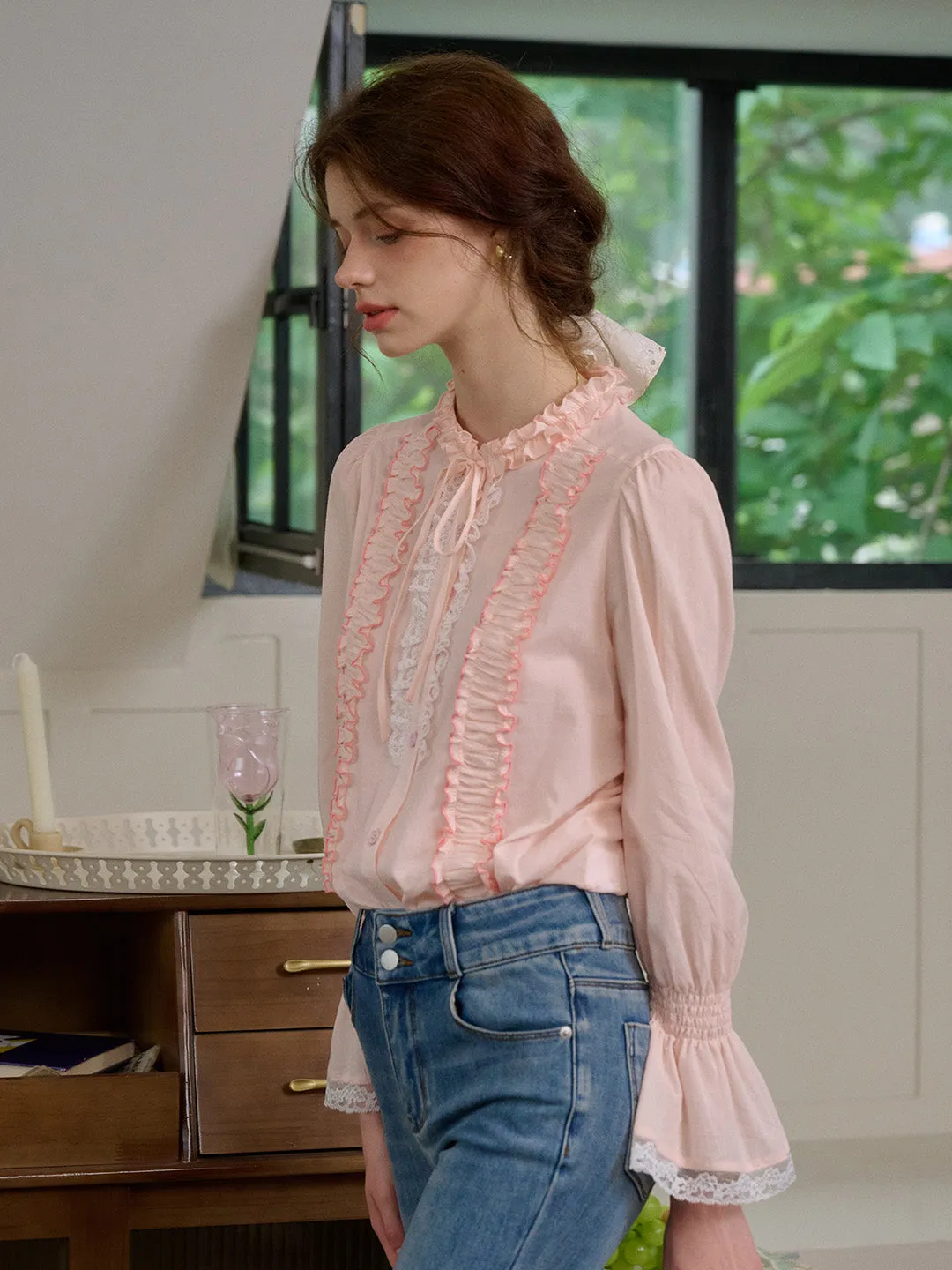 Ramona Mock Neck Ruched Bow Contrast Lace Cotton Blouse