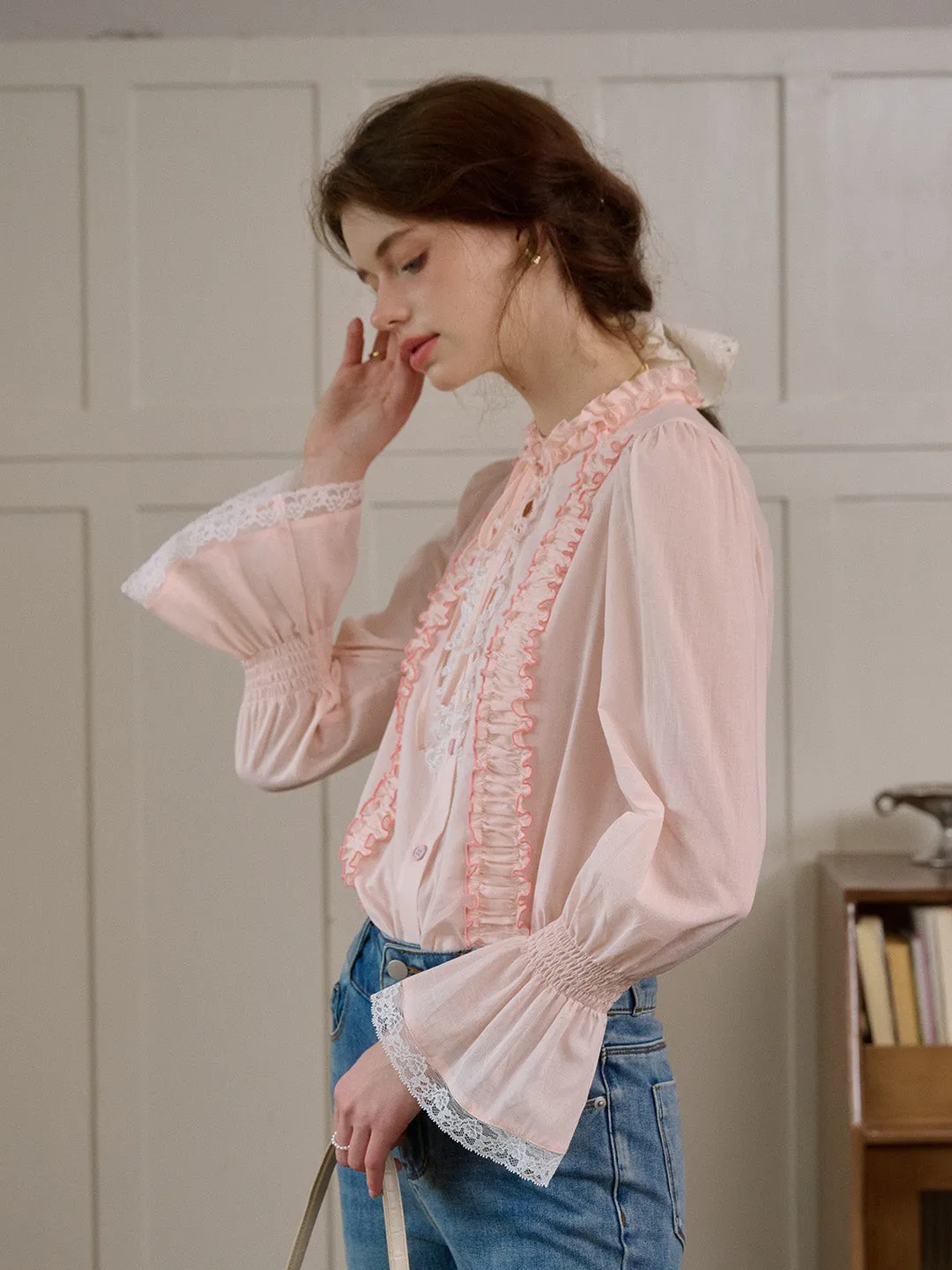 Ramona Mock Neck Ruched Bow Contrast Lace Cotton Blouse