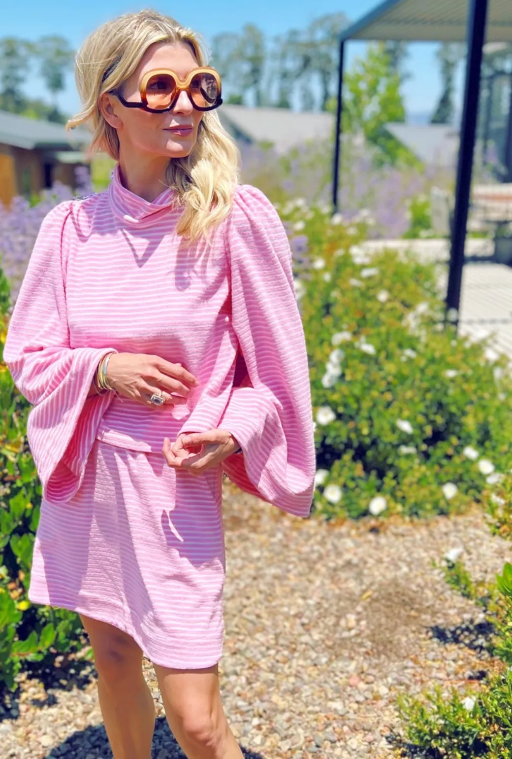 SAMPLE - Bell Sleeve Mod Top - Pink Terry Cloth