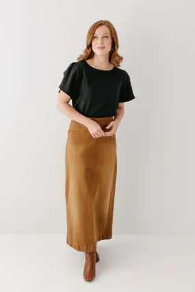 'Sara' Long Stretch Denim Skirt in Camel