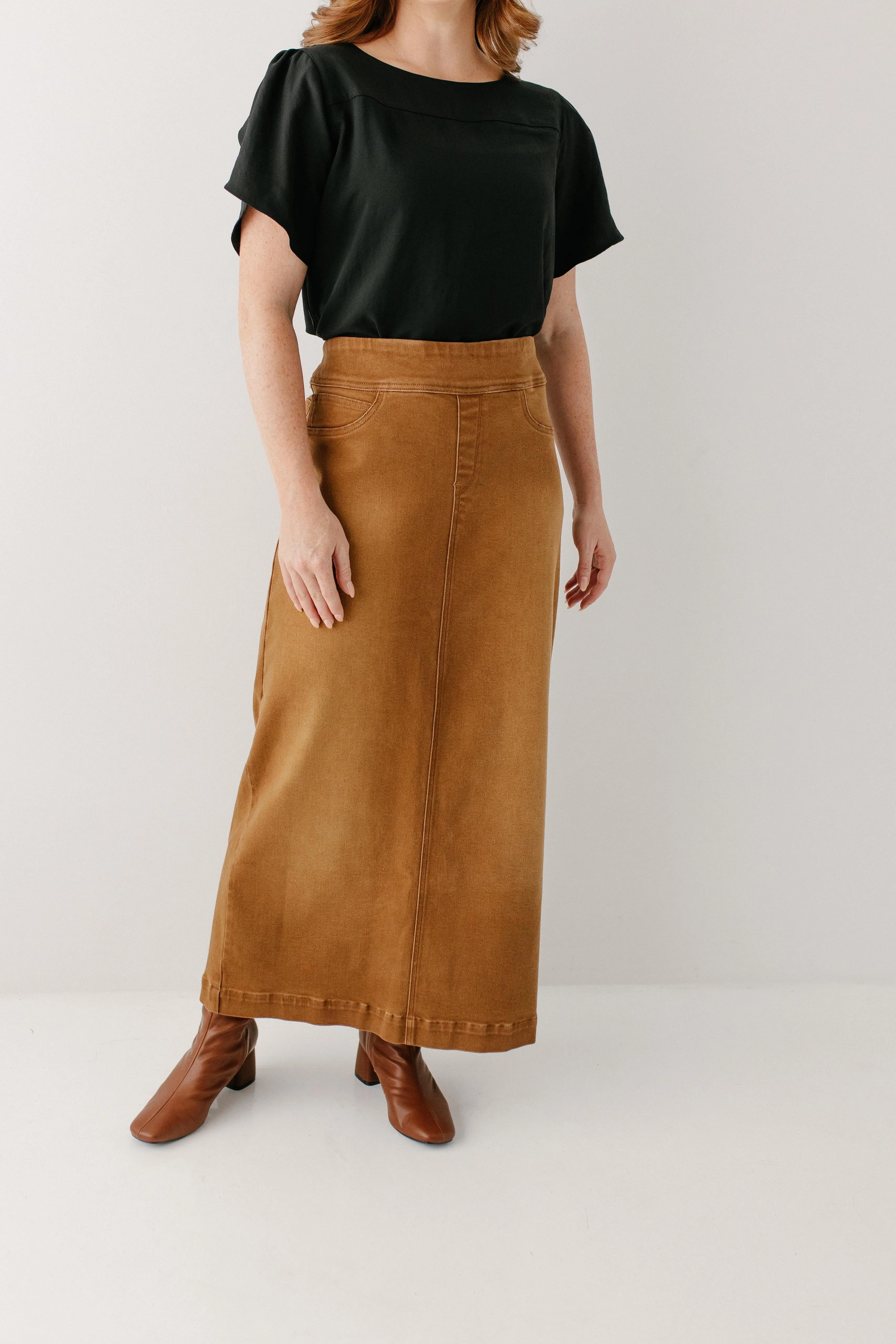 'Sara' Long Stretch Denim Skirt in Camel