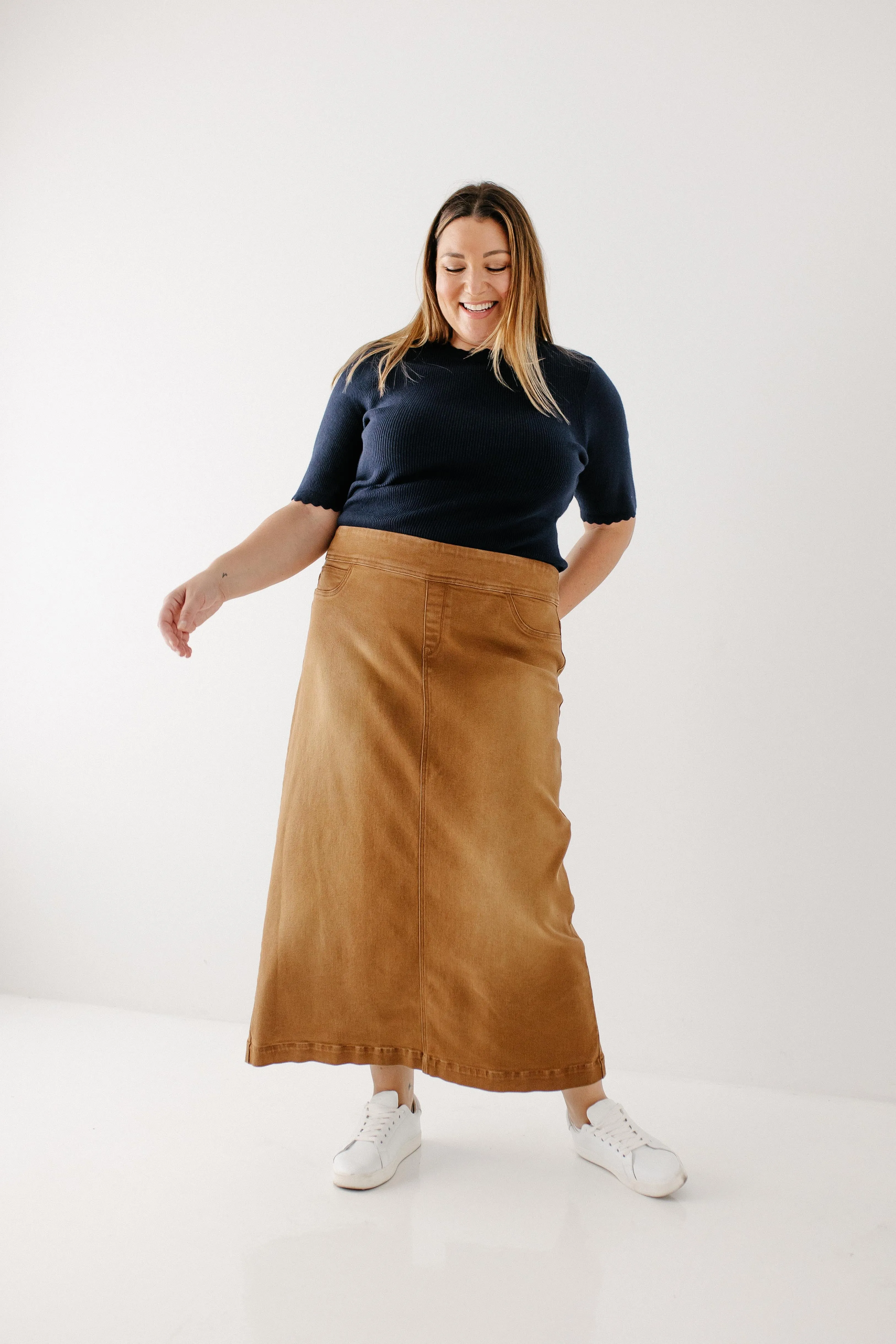 'Sara' Long Stretch Denim Skirt in Camel