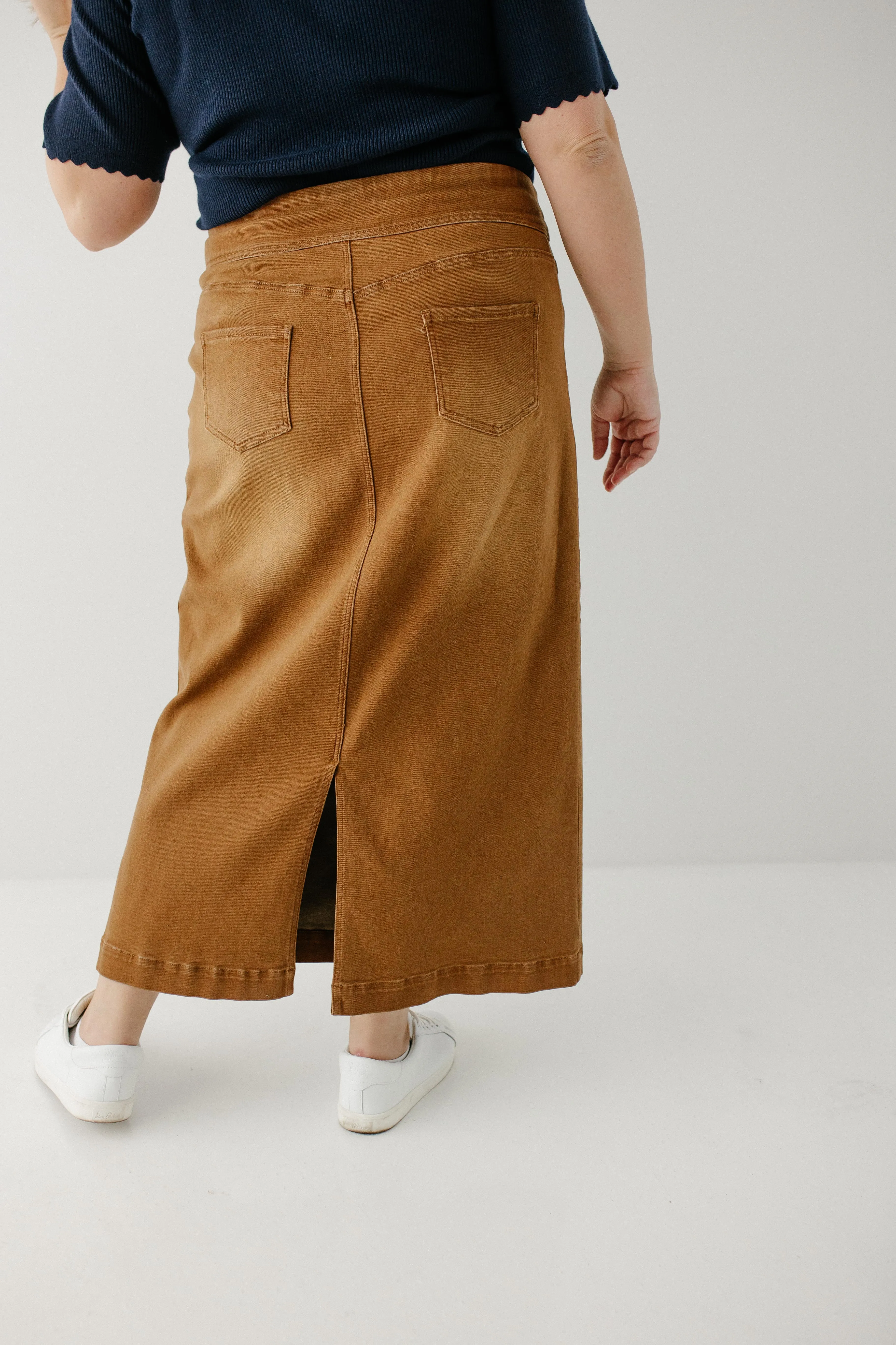 'Sara' Long Stretch Denim Skirt in Camel