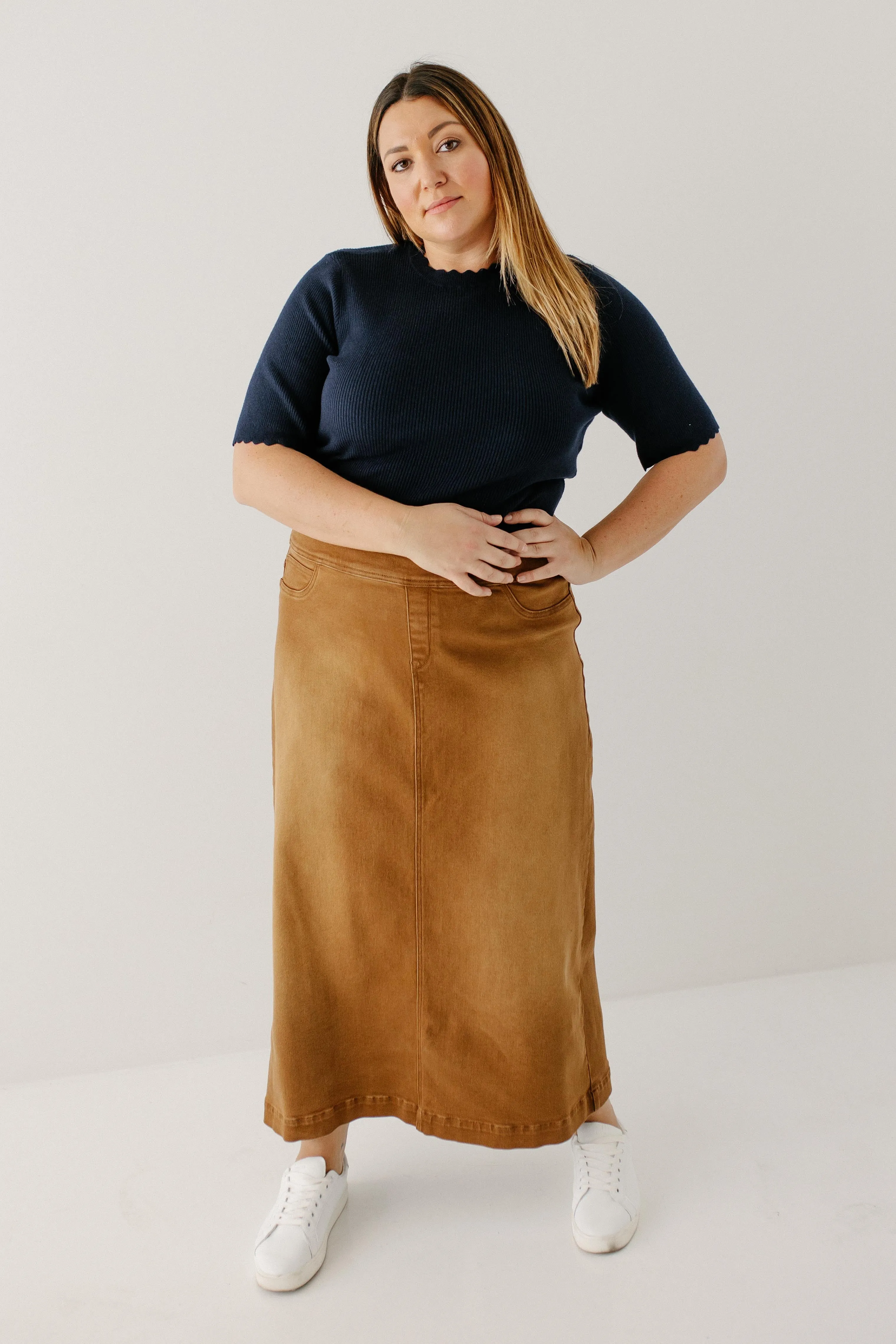 'Sara' Long Stretch Denim Skirt in Camel