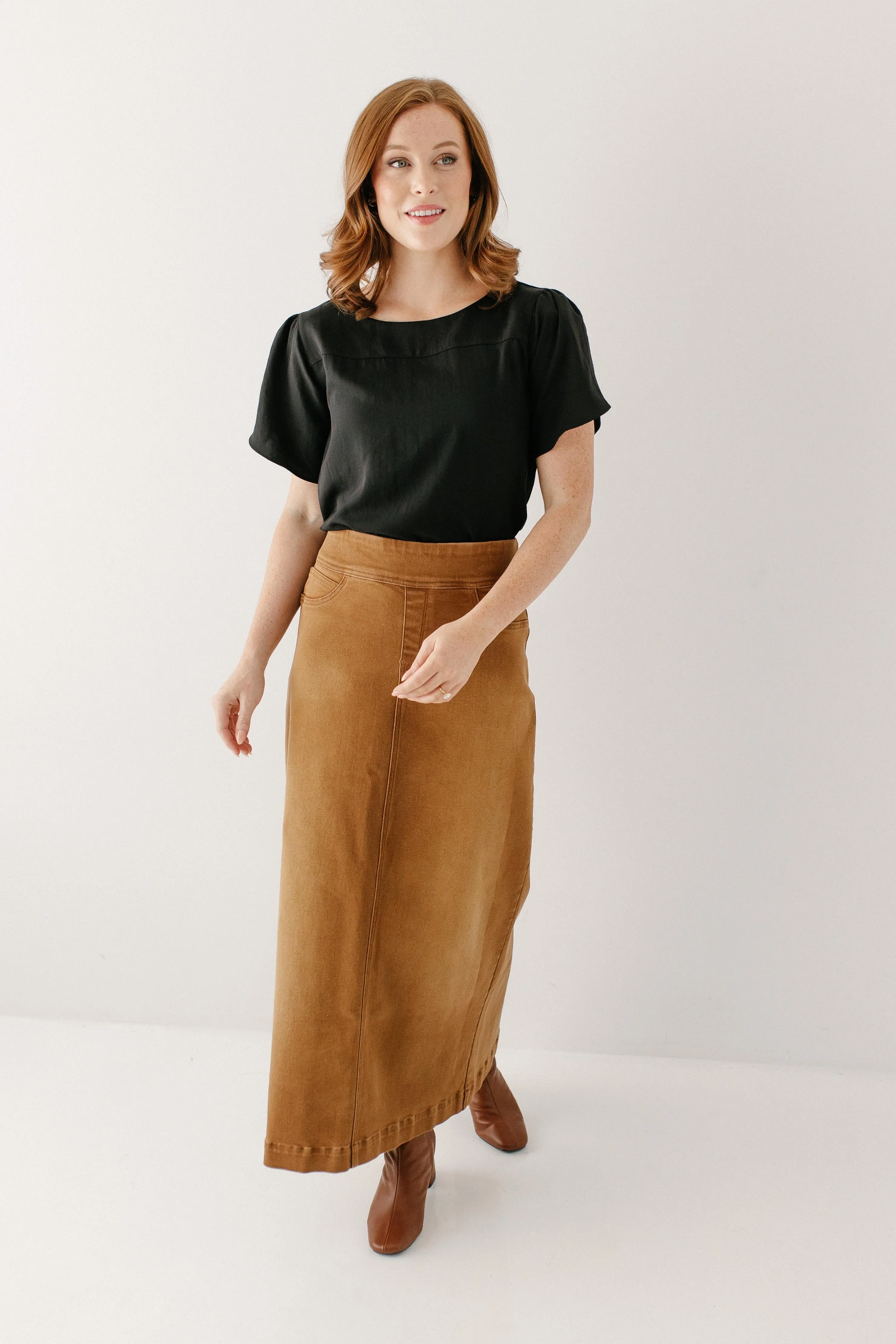 'Sara' Long Stretch Denim Skirt in Camel