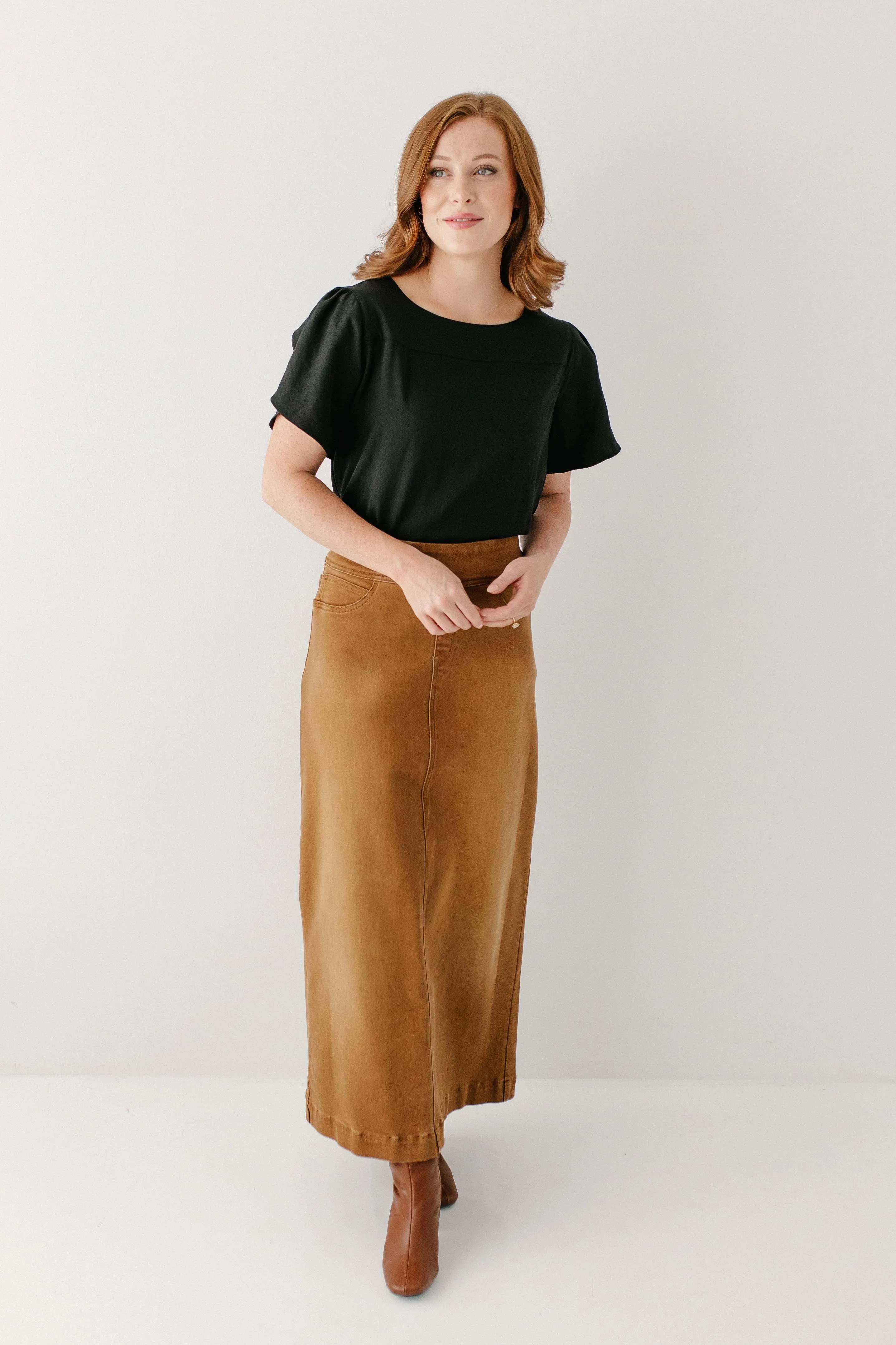 'Sara' Long Stretch Denim Skirt in Camel