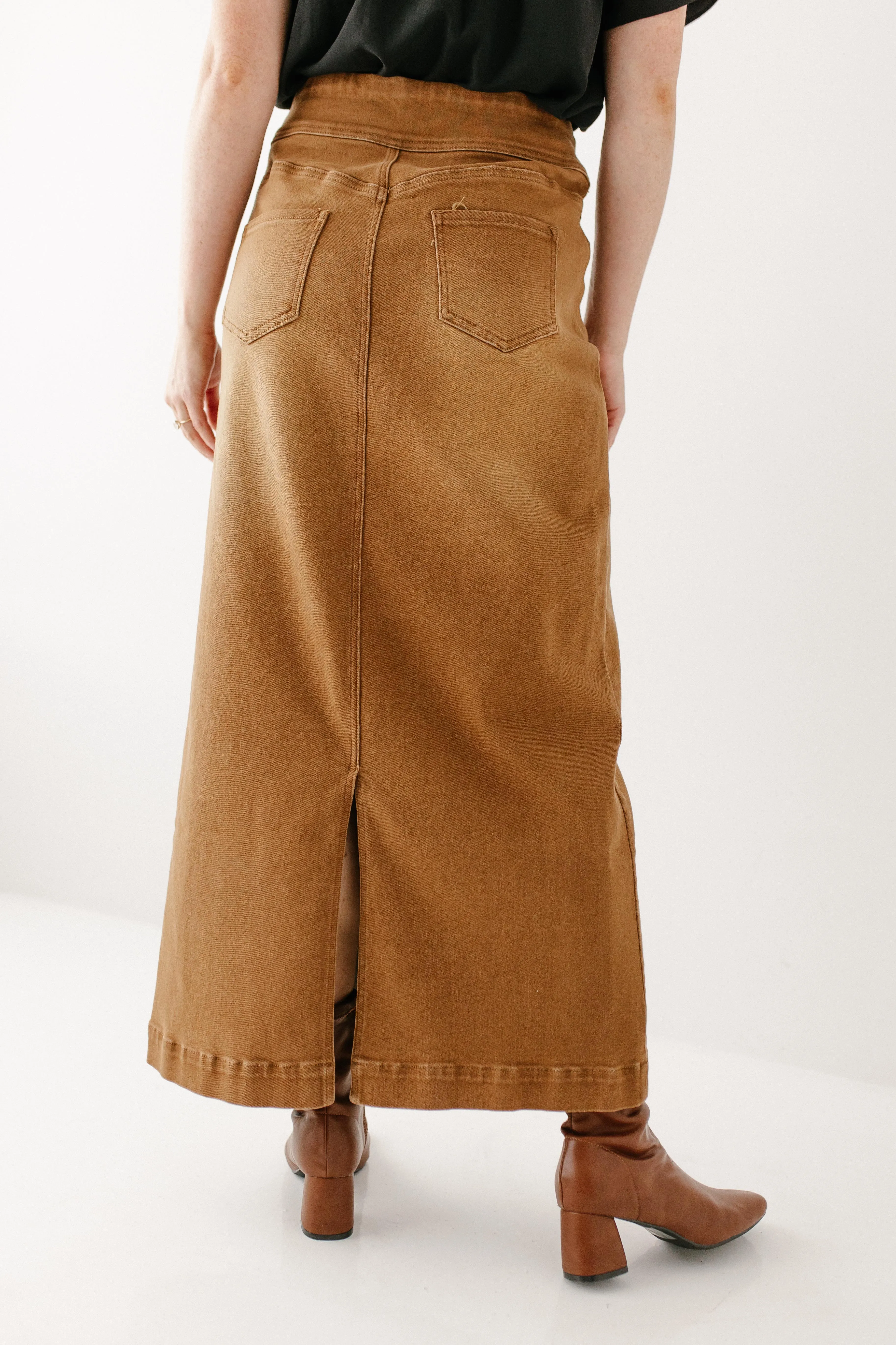 'Sara' Long Stretch Denim Skirt in Camel