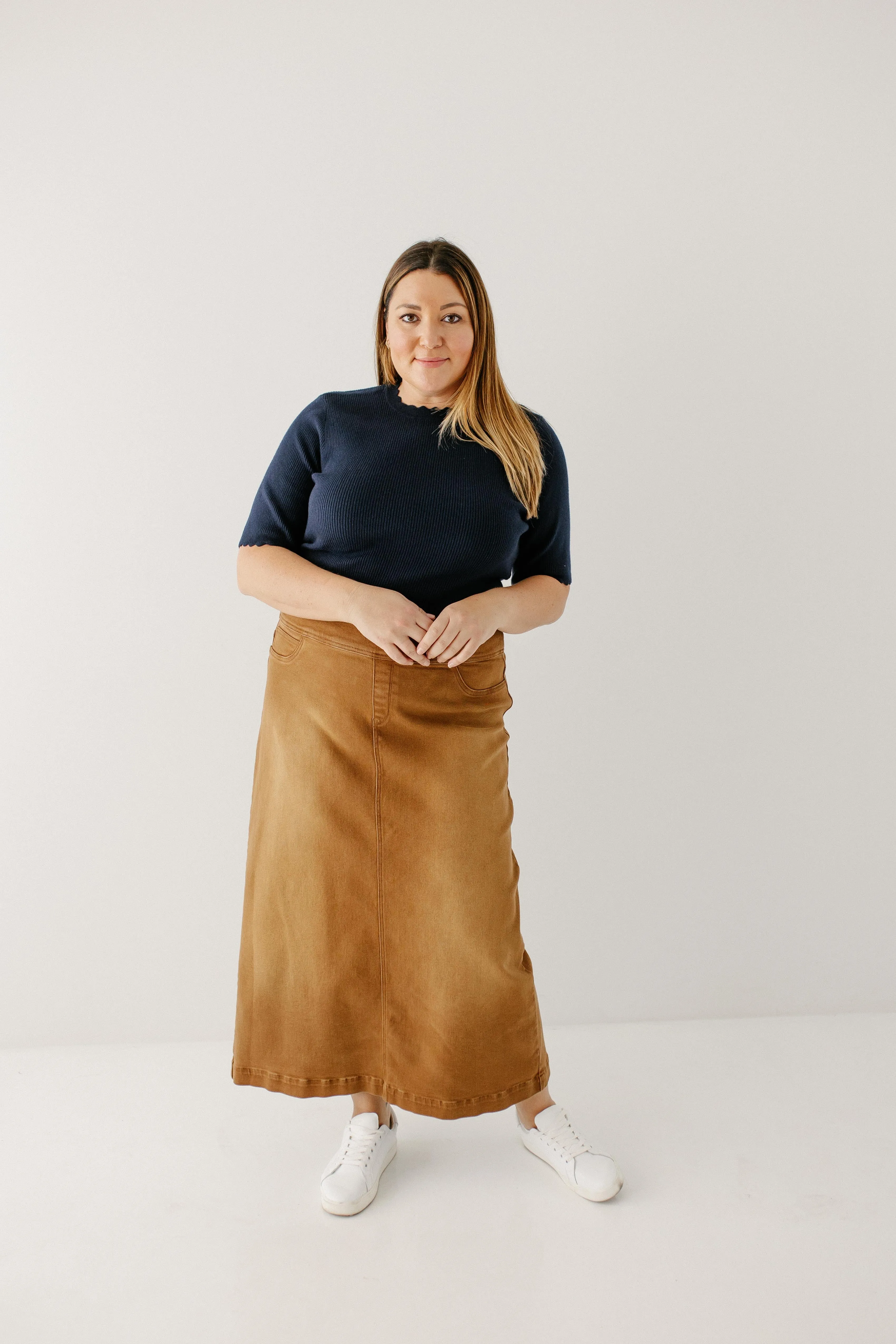 'Sara' Long Stretch Denim Skirt in Camel