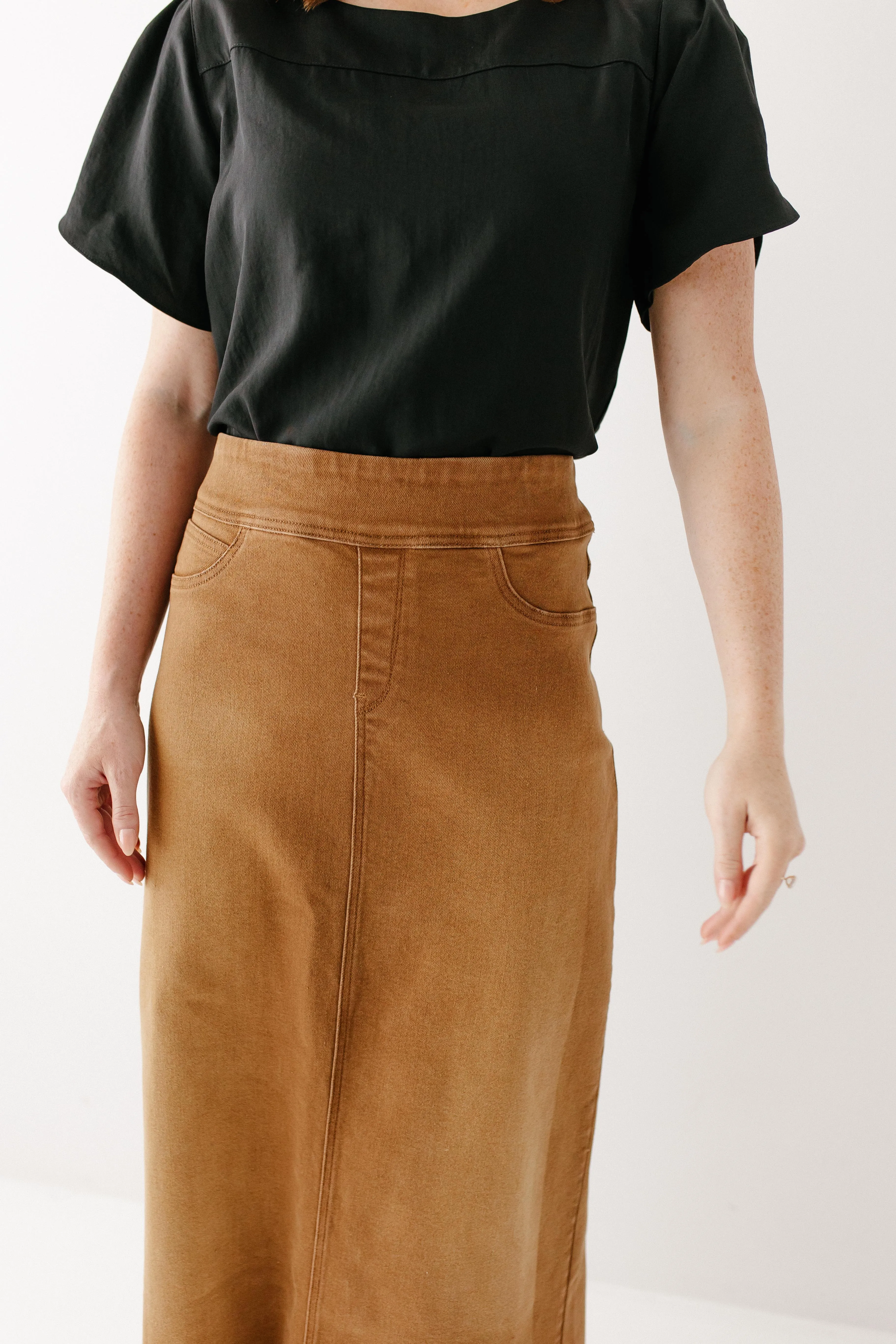 'Sara' Long Stretch Denim Skirt in Camel