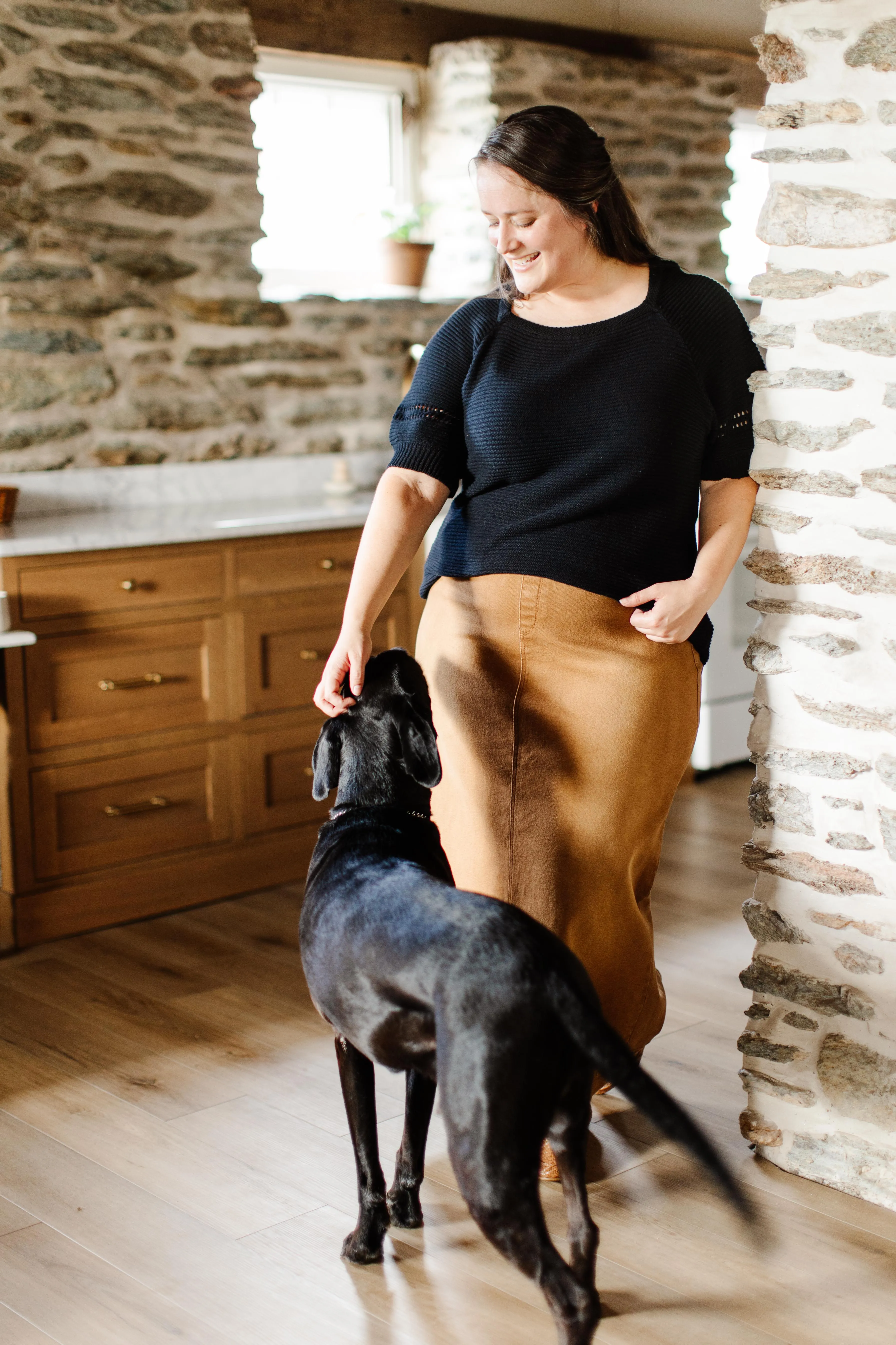'Sara' Long Stretch Denim Skirt in Camel