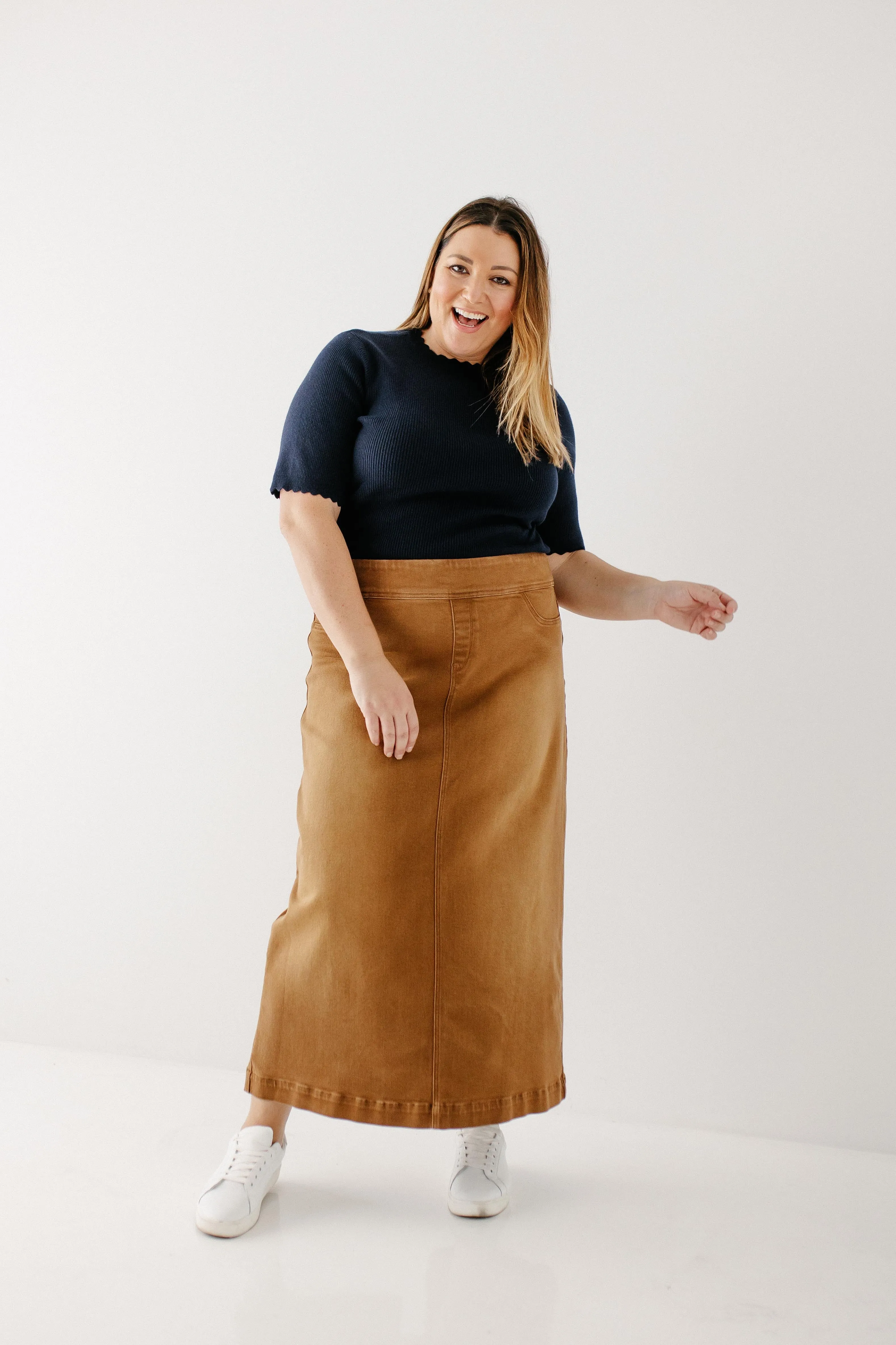 'Sara' Long Stretch Denim Skirt in Camel