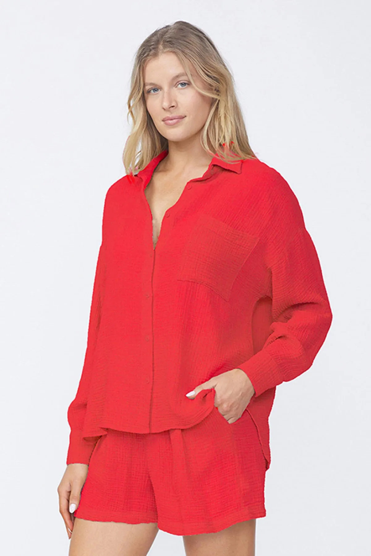 Stateside Gauze Oversized Shirt in Cherry Pie