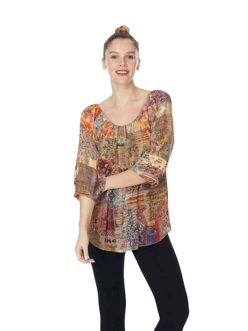 Tianello “Meswah” Print Washable Silk "Serafina" Off/On the Shoulder Blouse